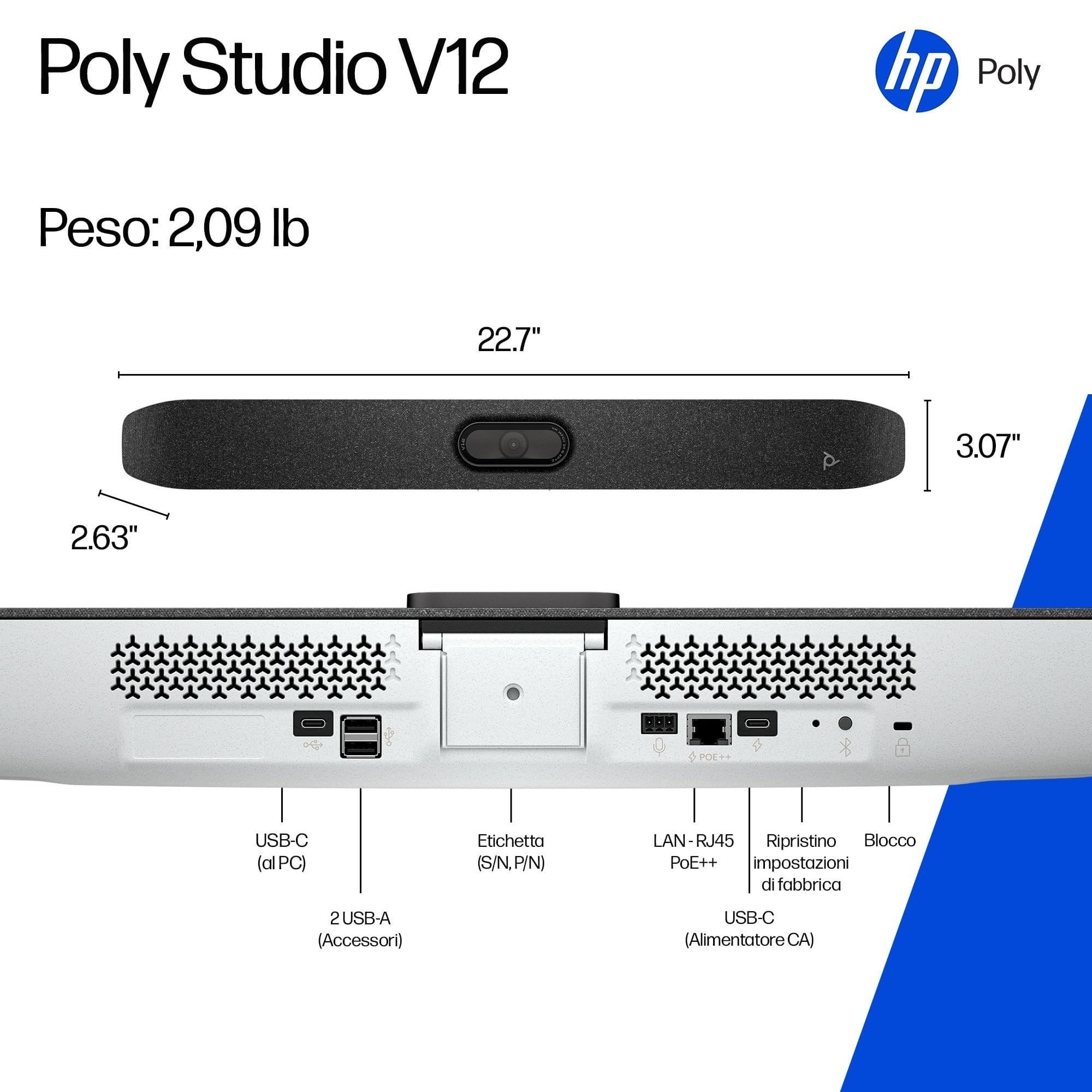 Poly Studio V12, Barra Video USB per Videoconferenze, Fotocamera 4K UltraHD da 20 MP con campo visivo di 120°, HP Poly Lens, Certificata per Zoom, Microsoft Teams, Chromebook, Nero