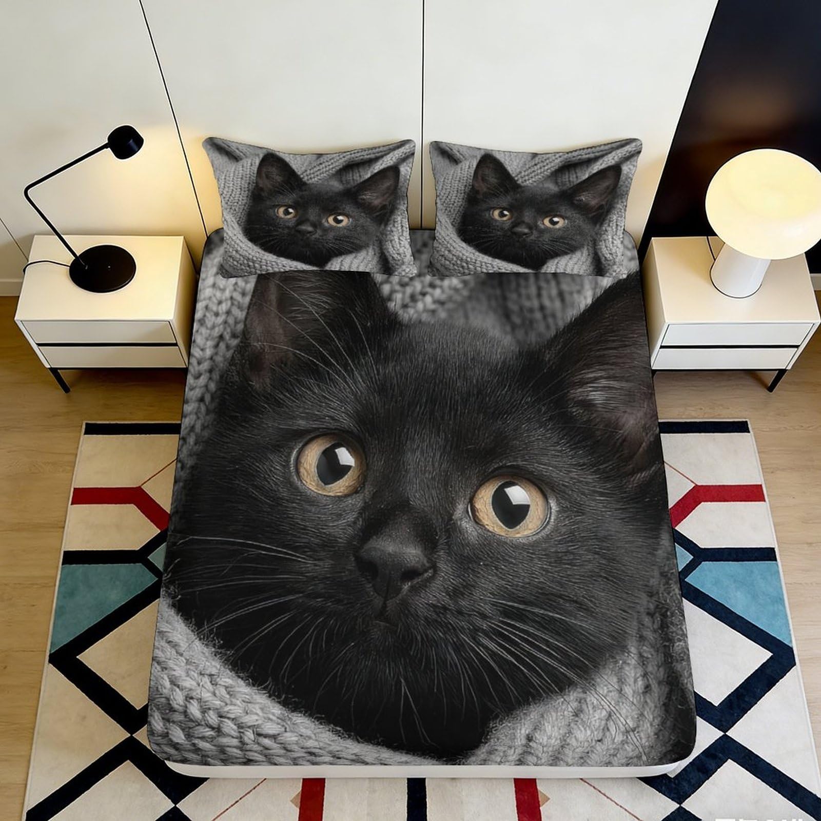 3D Printed Black Cat Fitted Sheet Microfiber Soft Breathable Kitten Face Bed Cover for Bedroom Guest Room Decor 90x200x25cm