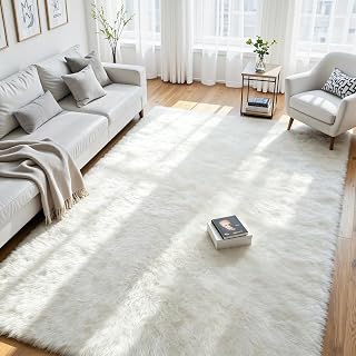 9x12 Fluffy Area Rug for Living Room: Soft Non-Slip White Bedroom Carpet