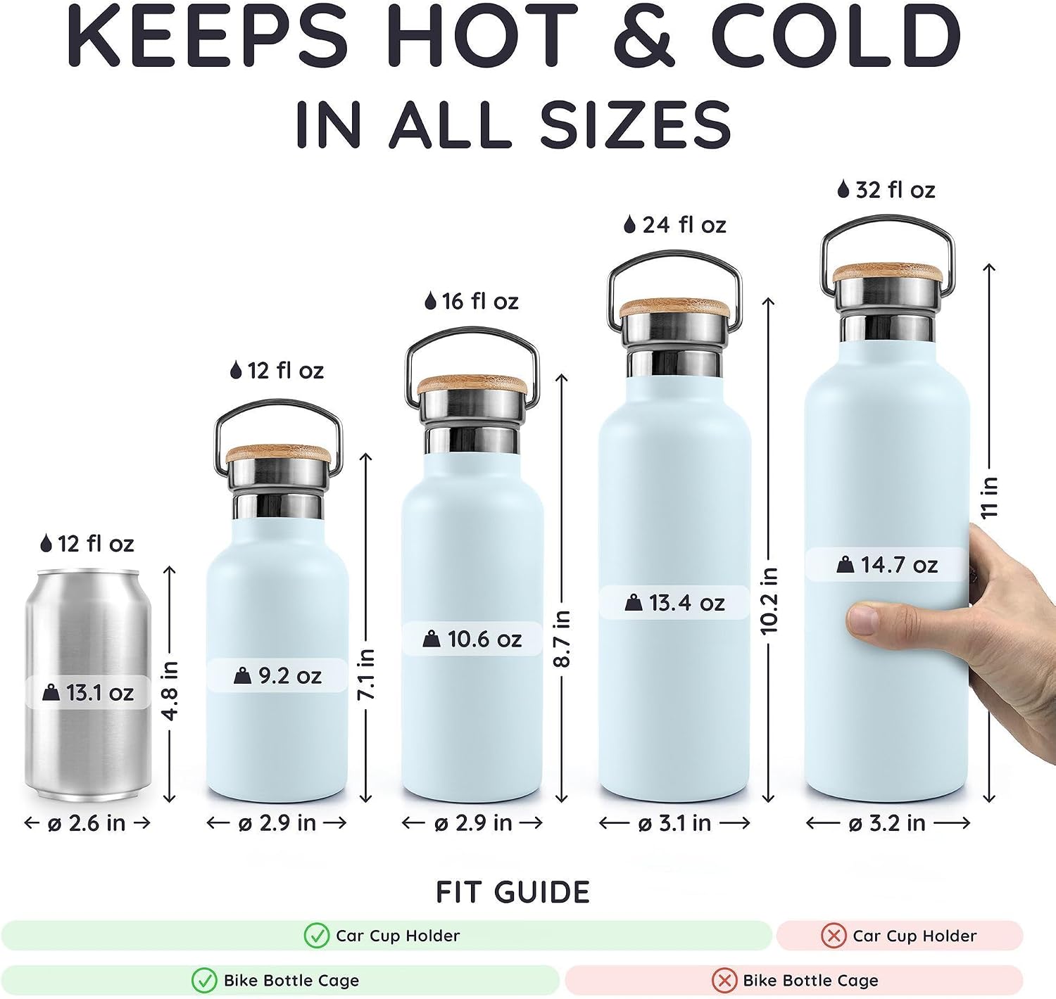 Bambaw 32 oz Water Bottle, Insulated Stainless Steel Water Bottle with Wide Mouth, Made of High-Grade Stainless Steel, Portable with Handle, Great for Travel, Gym & Work (Ice Blue) image 5