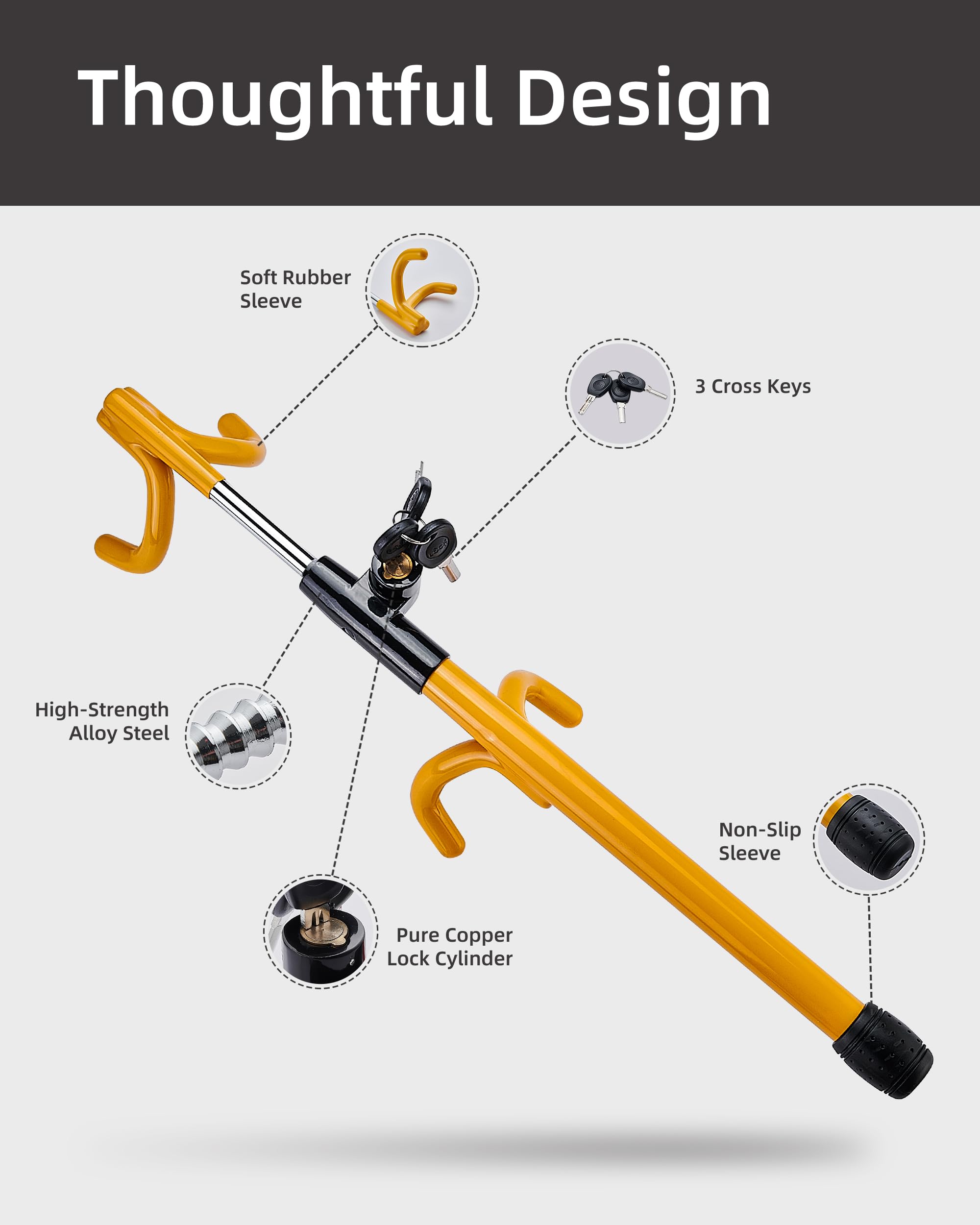 Dodomes Steering Wheel Lock Anti-Theft Heavy Duty Secure Car Device, Adjustable Length Clamp Double Hook Locks Universal Fit Yellow