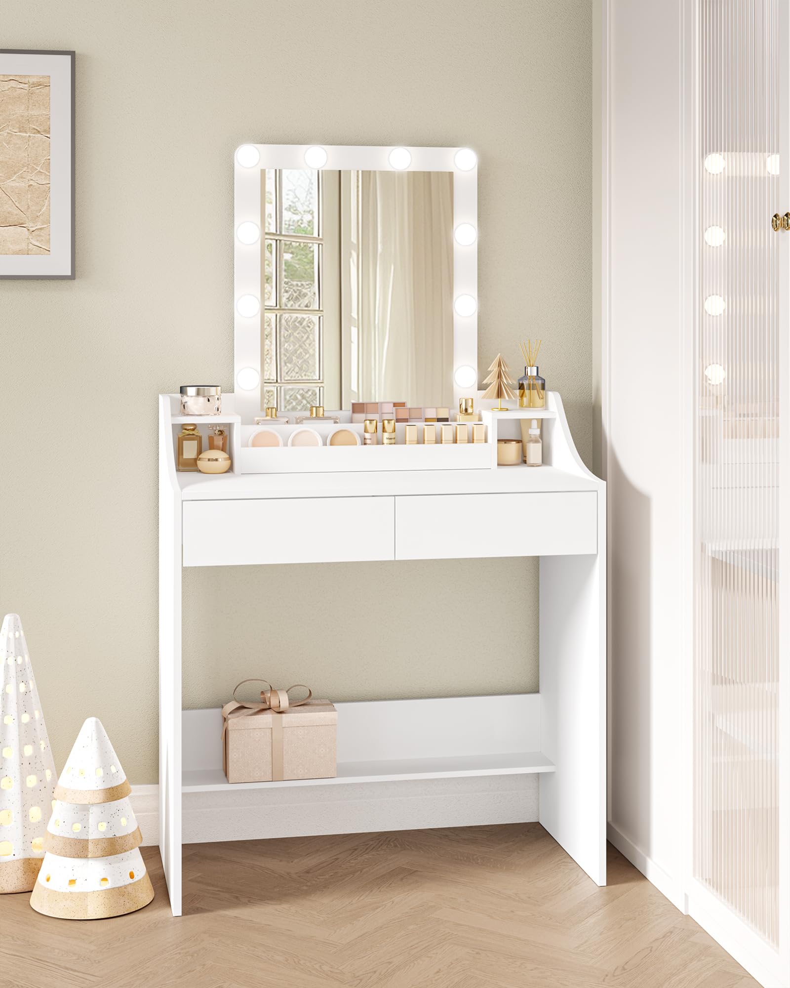 Hzuaneri 80cm Toeletta da Trucco con illuminazione a LED, Luminosità Regolabile, Tavolo da Trucco con Specchio, Toeletta con 2 Cassetti e 2 Scomparti Aperti, Moderno, Bianco DT39503X