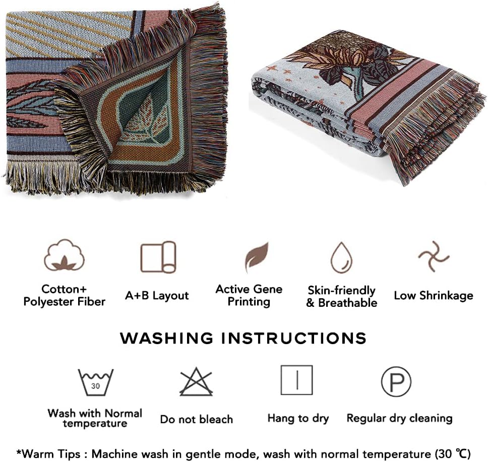 Sun Moon God Throw Woven Blanket with Tassel for Home Decoration Chair Couch Sofa Bed Beach Travel Picnic Cloth Tapestry Shawl Cozy Cotton (Dark Blue 63×51 Inches)