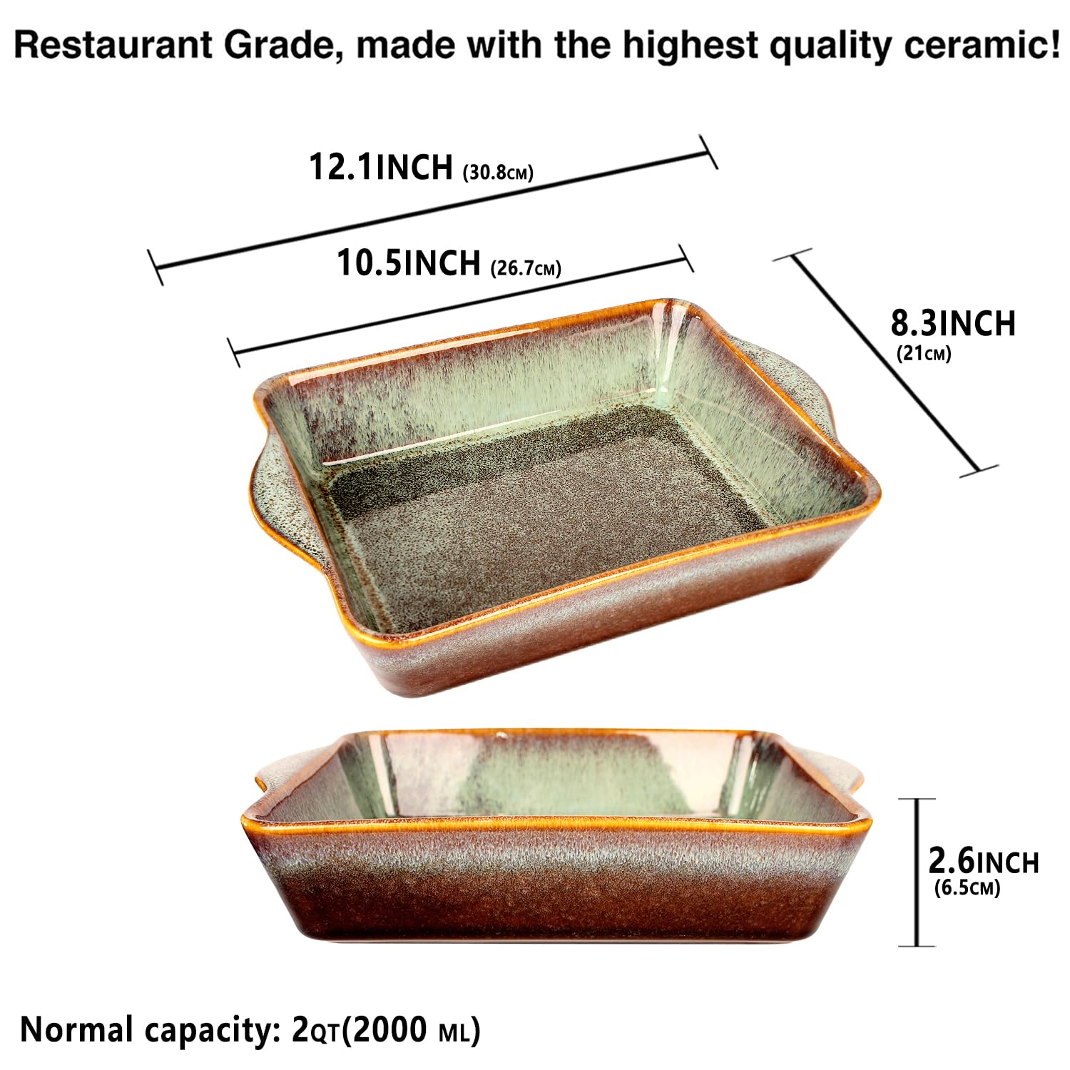 jinsongdafa Rectangular 10 x 8 Casserole Dish, 2 Qt Ceramic Au gratin Baking Dish with Handles, Or for mixing, salad, pasta plate, Best gift for those who love baking, Microwave, Oven safe