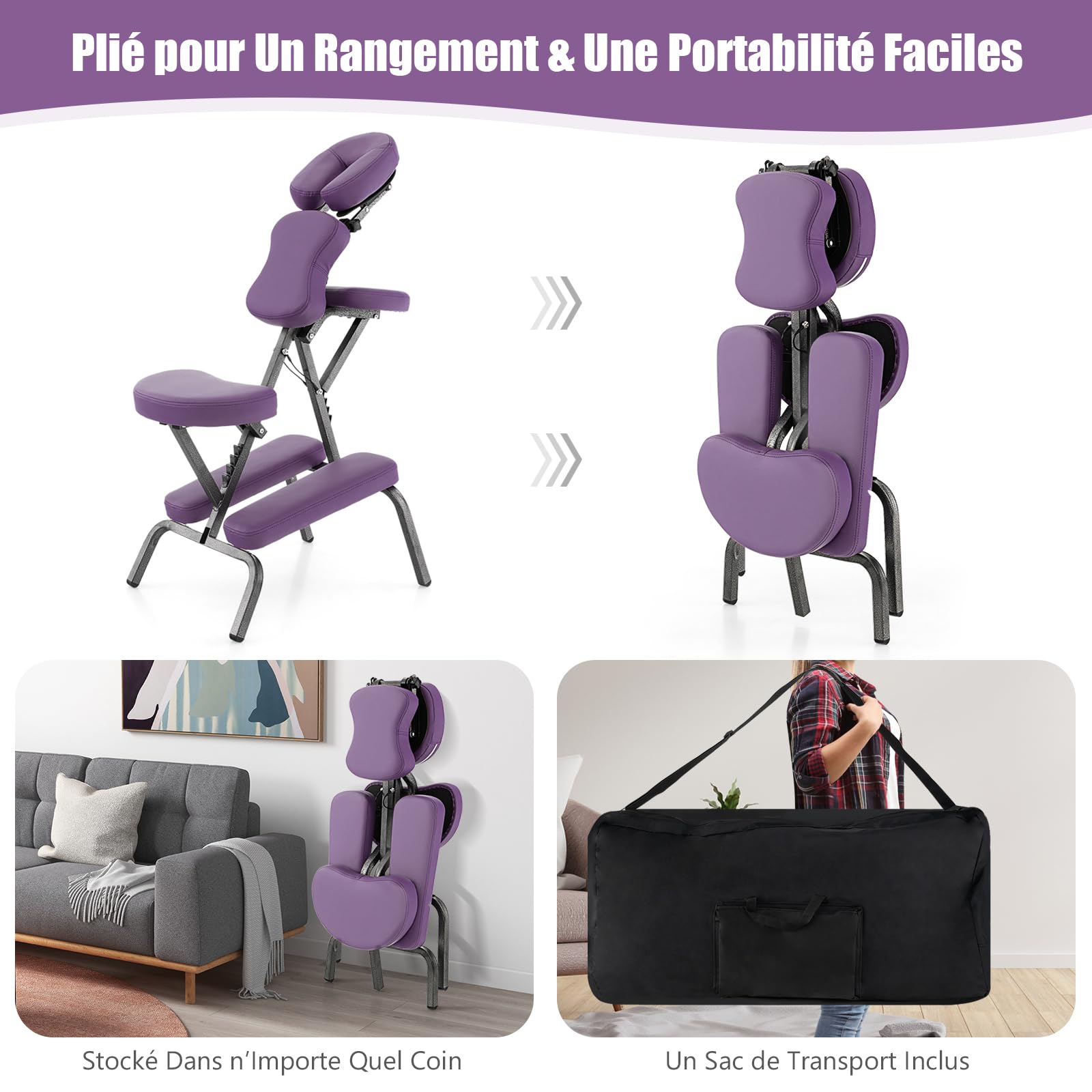 RELAX4LIFE Chaise de Massage Pliante Hauteur Réglable 110-120 CM, Chaise de Thérapie Portable Ergonomique avec Siège Rembourré, Sac de Transport, Charge 150 KG pour Tatouage Spa Esthéticienne (Violet)