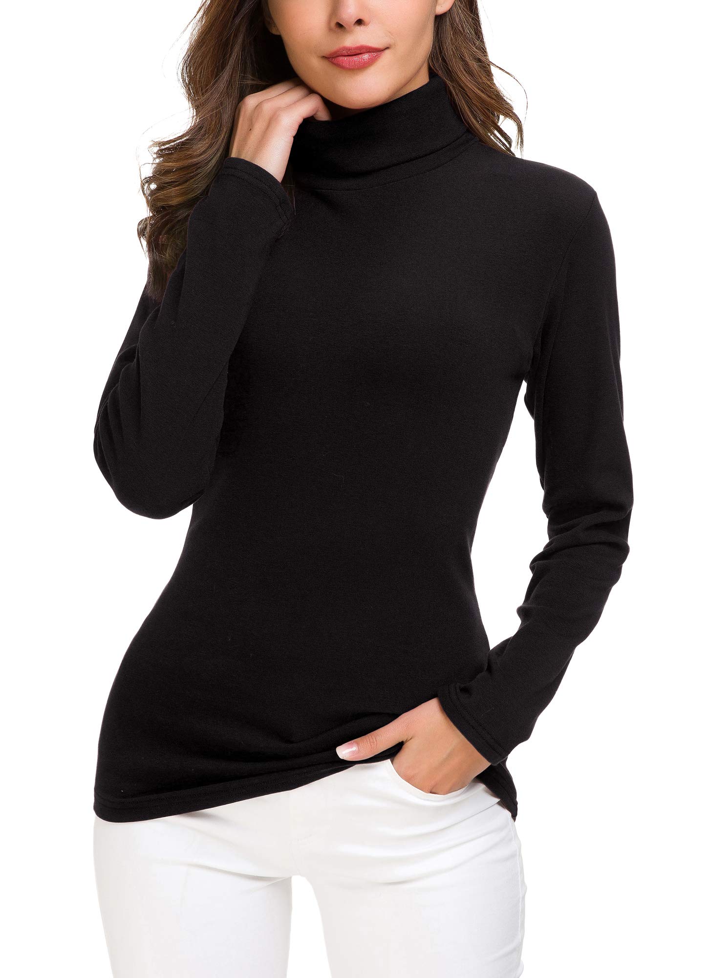 EXCHIC Women’s Slim Fit Turtleneck Pullover Solid Long Sleeve Stretchy Sweatshirt (S, Black)
