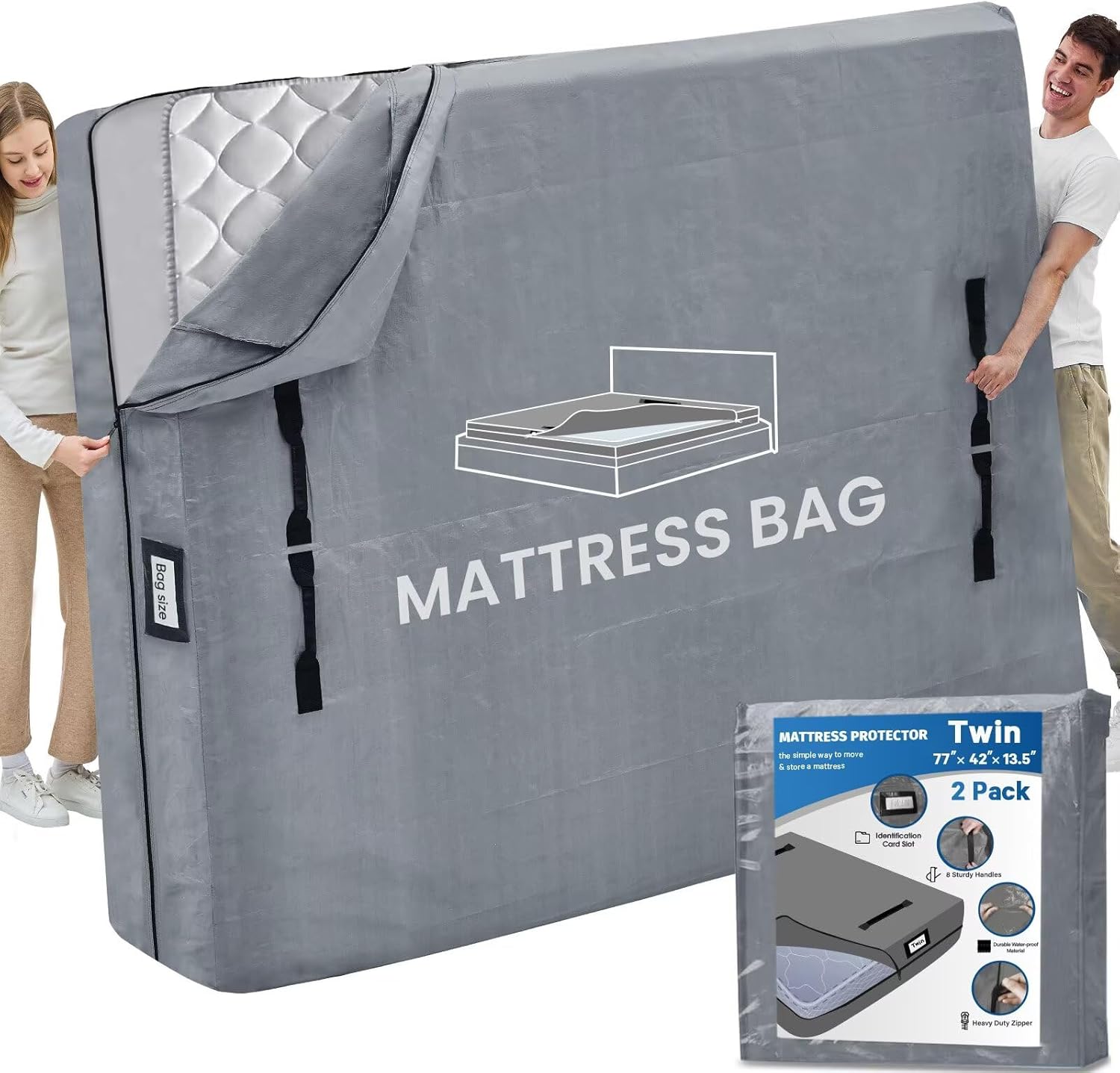 Mattress Bags for Moving and Storage, BETU Twin Mattress Protector Waterproof Mattress Cover with 8 Heavy Duty Handles and Zipper Extra Thick Moving Supplies for Dorm Bed (2 Pack:77x42x13.5 Grey)