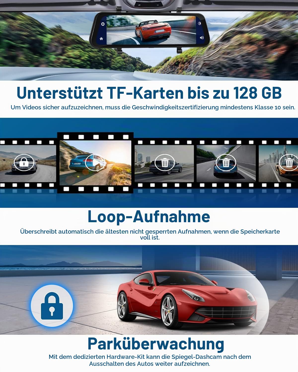 Hikity 9.66 Zoll Carplay Spiegel Dashcam mit Rückfahrkamera, Android Auto, Stimmenkontrolle GPS G-Sensor Super Nachtsicht WDR, Loop-Aufnahme Einparkhilfe Parküberwachung 32G SD-Karte