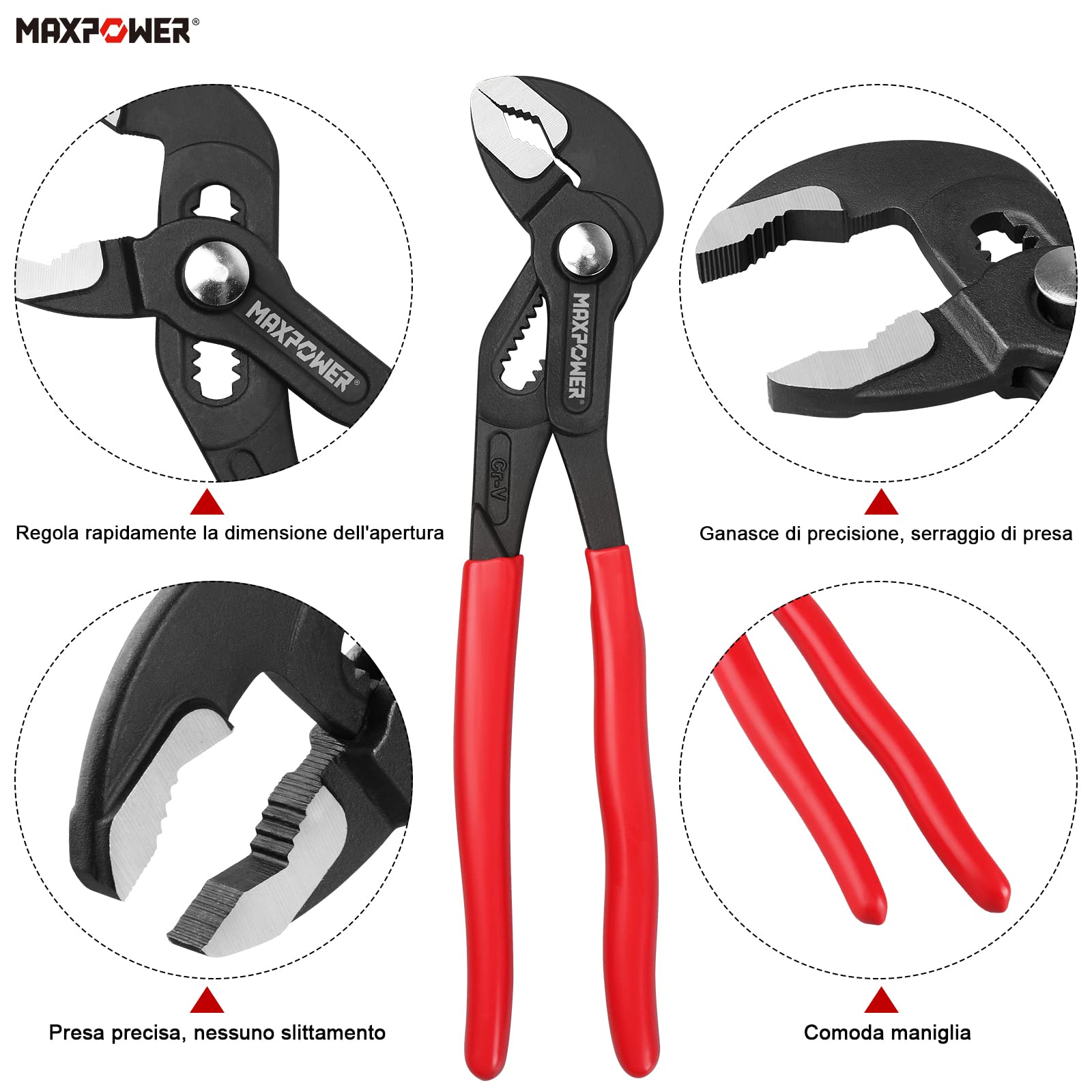 MAXPOWER Set di 3 Pinza Regolabile 175/240/415 mm, Pinze a Giunto Scorrevole Pinza a Pappagallo a Serraggio Piatto per Tubi e Dadi