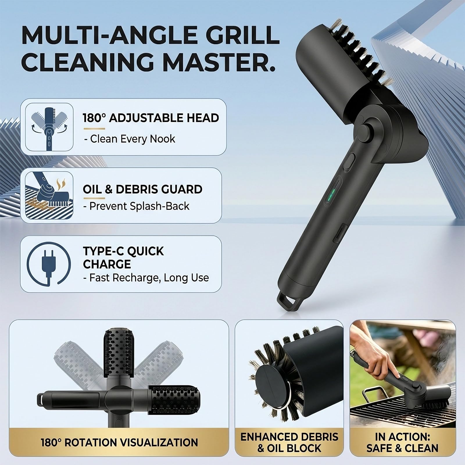 Cepillo Limpiador de Barbacoa Electrico Inalambrico 180 Grados | Limpiador Automatico Ajustable 180 Min para Parrilla Exterior Regalos para el Dia del Padre