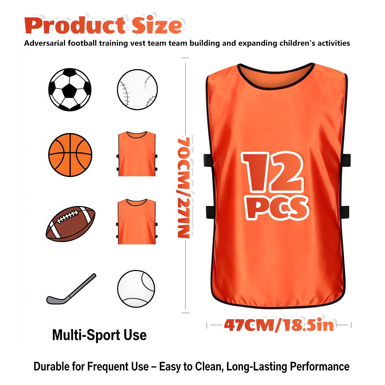 Lot de 12 Chasubles de Football pour Adultes et Jeunes, Chasuble Football, Gilet Sport Adultes Maillots, Gilets d’Entraînement Respirant, Training Gilets pour Foot, Basket, Orange, 70 x 47 cm