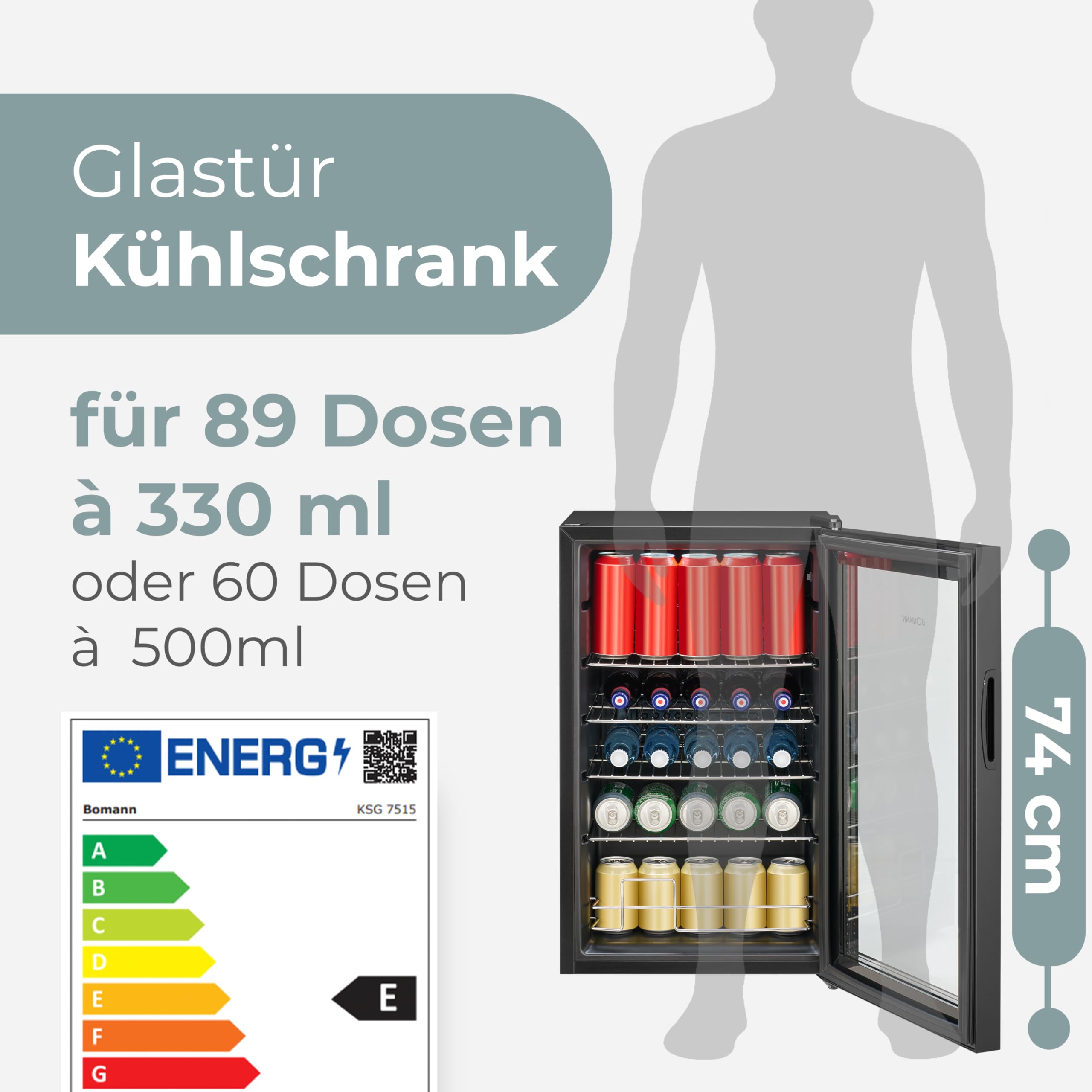 Bomann KSG 7515 Kühlschrank mit Glastür 63 L Flaschenkühlschrank Getränkekühlschrank LED-Beleuchtung leise