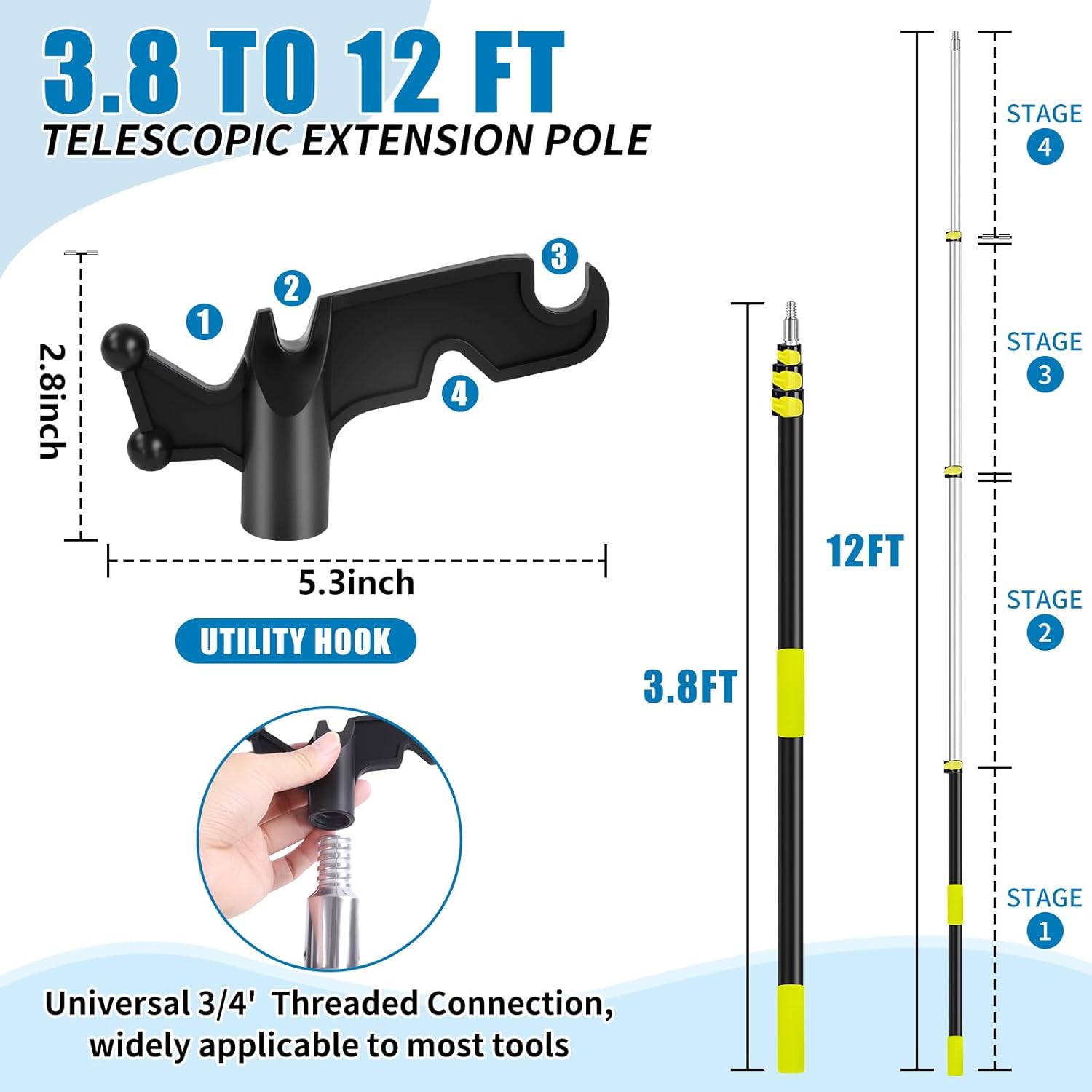 UQM 12 Ft Telescopic Extension Pole with Utility Hook, Telescoping Pole for Hanging Christmas Lights String Lights Birdfeeder, Heavy-Duty Christmas Light Pole Hanger Tool Tree Without Ladder