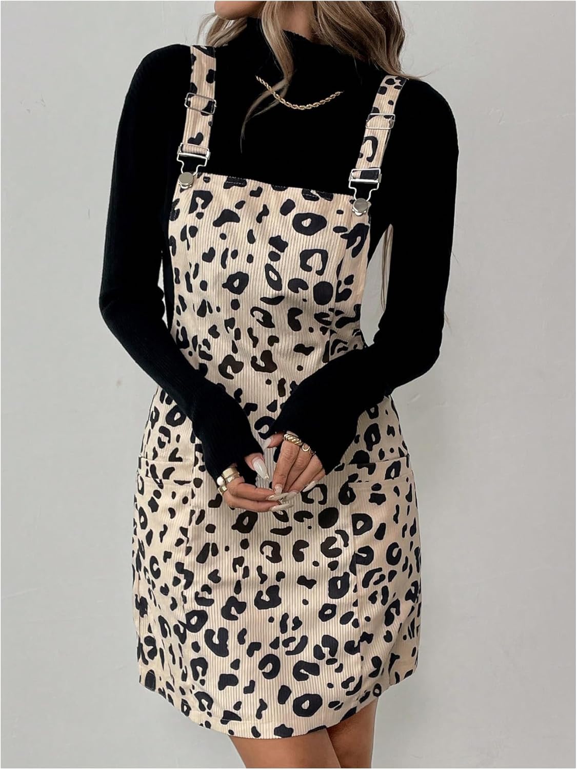 OYOANGLE Women's Leopard Print Overall Dress Adjustable Strap Pinafore Dresses with Pocket - Image 4