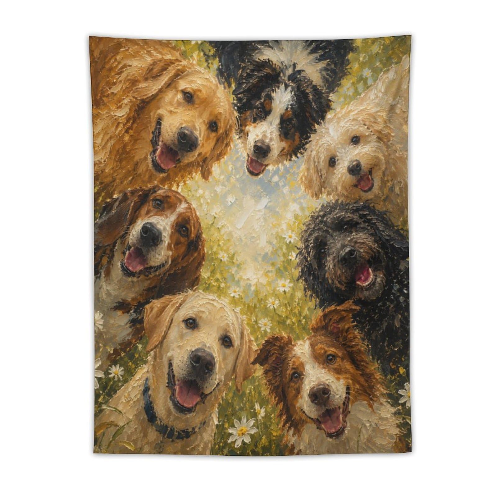 H3B8U2Y5 Happy Dogs Floral Wall Tapestry, Realistic Illustration, Apartment