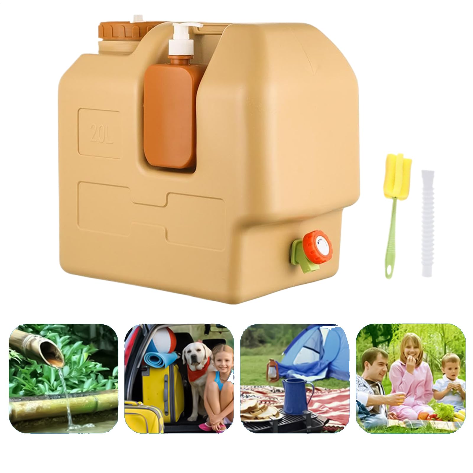 Depósito de agua con grifo a prueba de fugas con cepillo de limpieza | Depósito de agua para camping, con grifo para senderismo, pesca, picnic, viajes, mochilero, caza, bebida