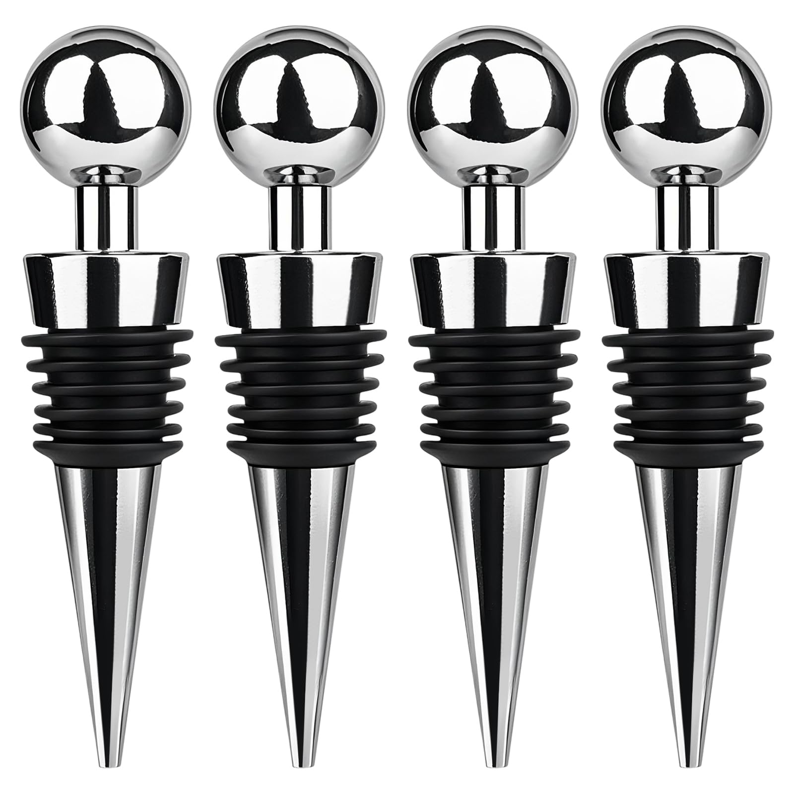4 PCS Wine Stopper, Stainless Steel Wine Bottle Stopper with Leakproof Silicone, Suitable for Sealing in Fridge after Drinking, Party, Wedding and Bar