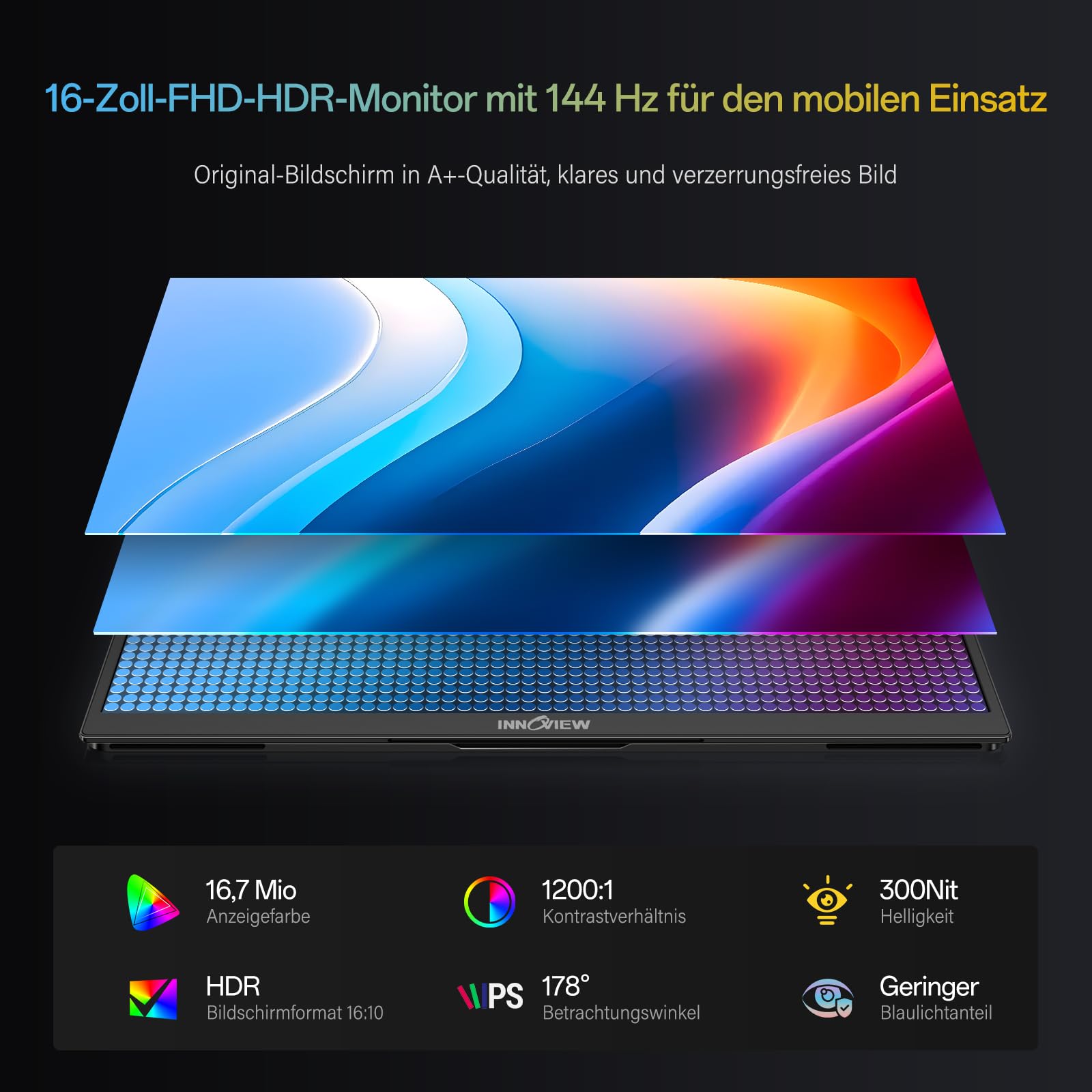 InnoView Monitor portatile da 16", 144 Hz, FHD 1200P, secondo schermo mobile per laptop, MacBook, PS5, Xbox, con custodia, alimentatore di rete non incluso