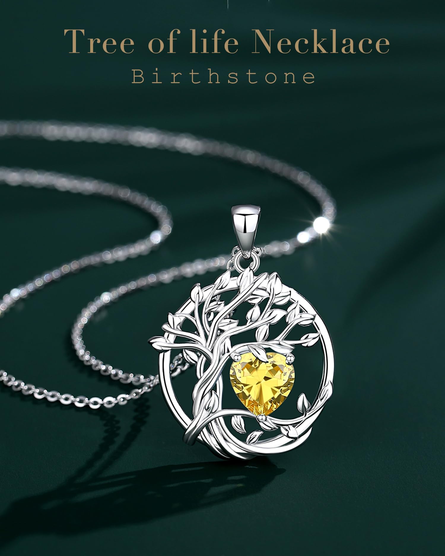 FANCIME Collana da donna con albero della vita, pietra portafortuna di novembre, in argento Sterling, con ciondolo in citrino naturale, topazio giallo, regalo per anniversario, compleanno, Natale, per