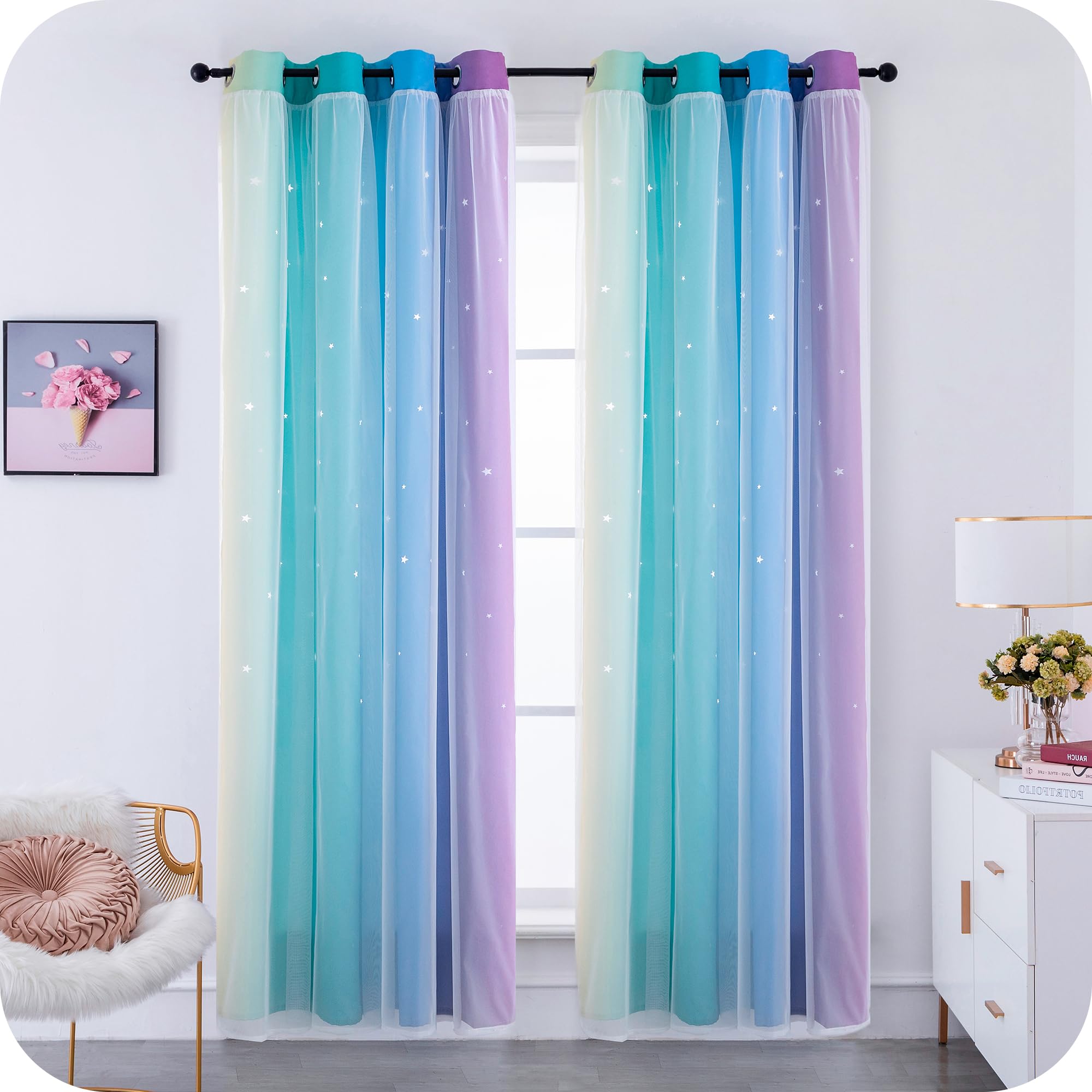 Tende Doppio Velo Oscuranti Morbide Fantasia Stelle Vuote Isolante per Camera Bambini 2 Pannelli 140x285cm Arcobaleno Freddo