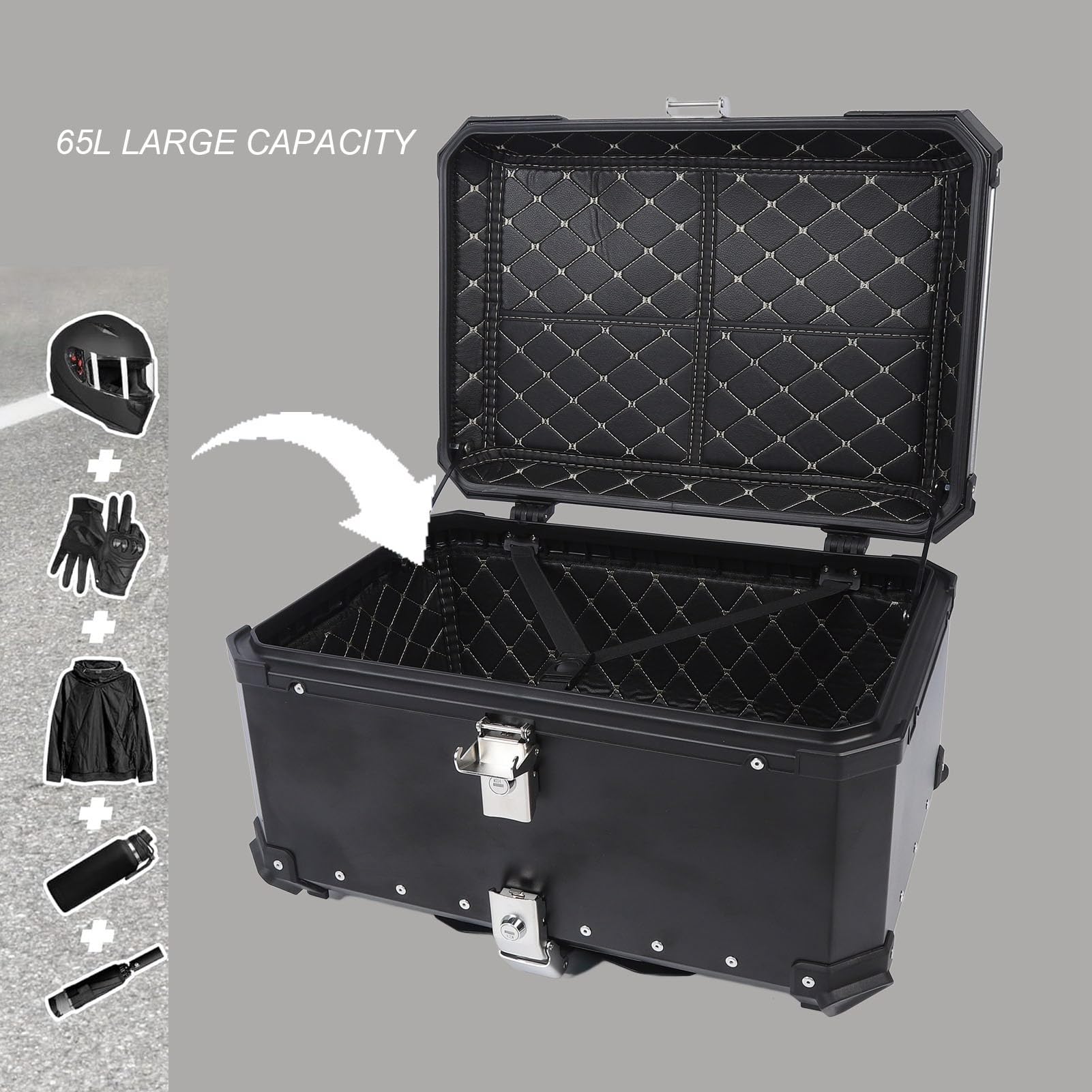 Kufer Motocyklowy 65L, Aluminiowy Bagażnik Odpinany z Zamkiem,