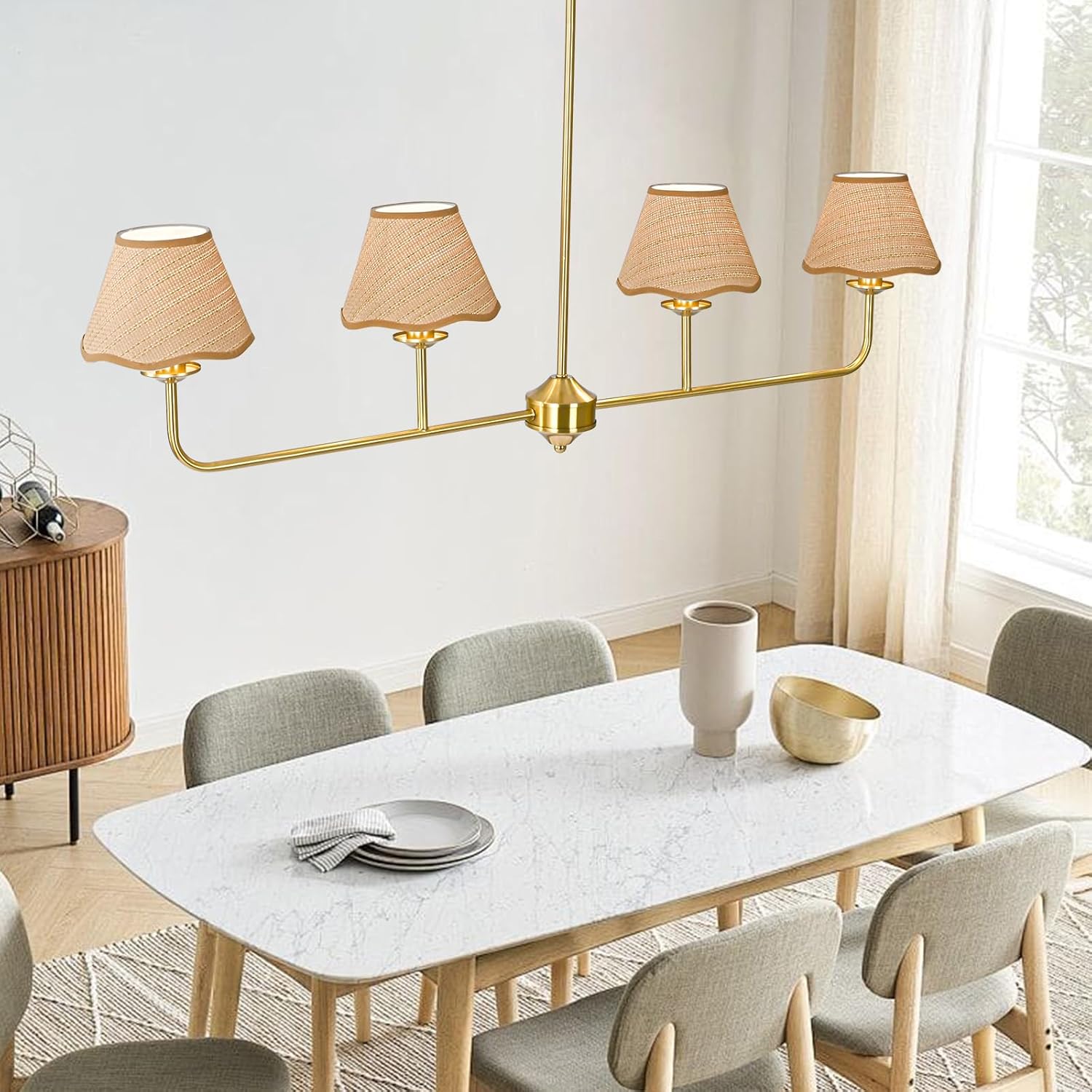 Boho Industrial 4-Light Kitchen Island Light, Gold Linear Hanging Chandelier with Boho Rattan Shades, Rustic Island Light Fixture for Dining Room