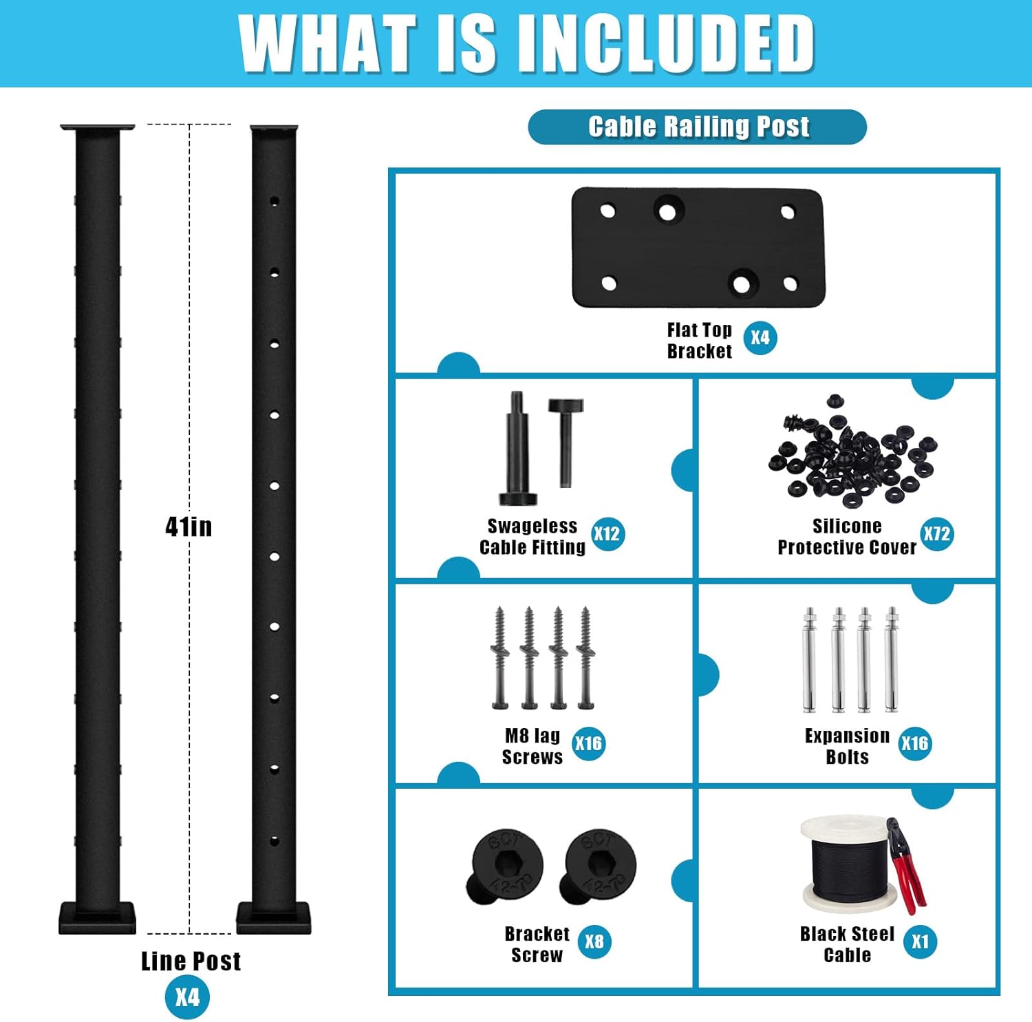 42" Cable Railing Post Kit, 4 Level Post Kit Complete Set Cable Railing System for Deck,Porch,Balcony(No Handrail)