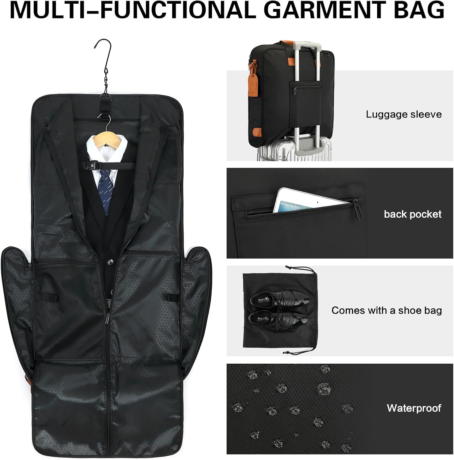 Travel Garment Bag Carry on Suit Bag for Men Women 51'' Garment Bags for Travel Business Waterproof Hanging Suitcase Luggage Bags with Shoulder Strap free shoes bag Fit 15.6Inch Laptop, Black
