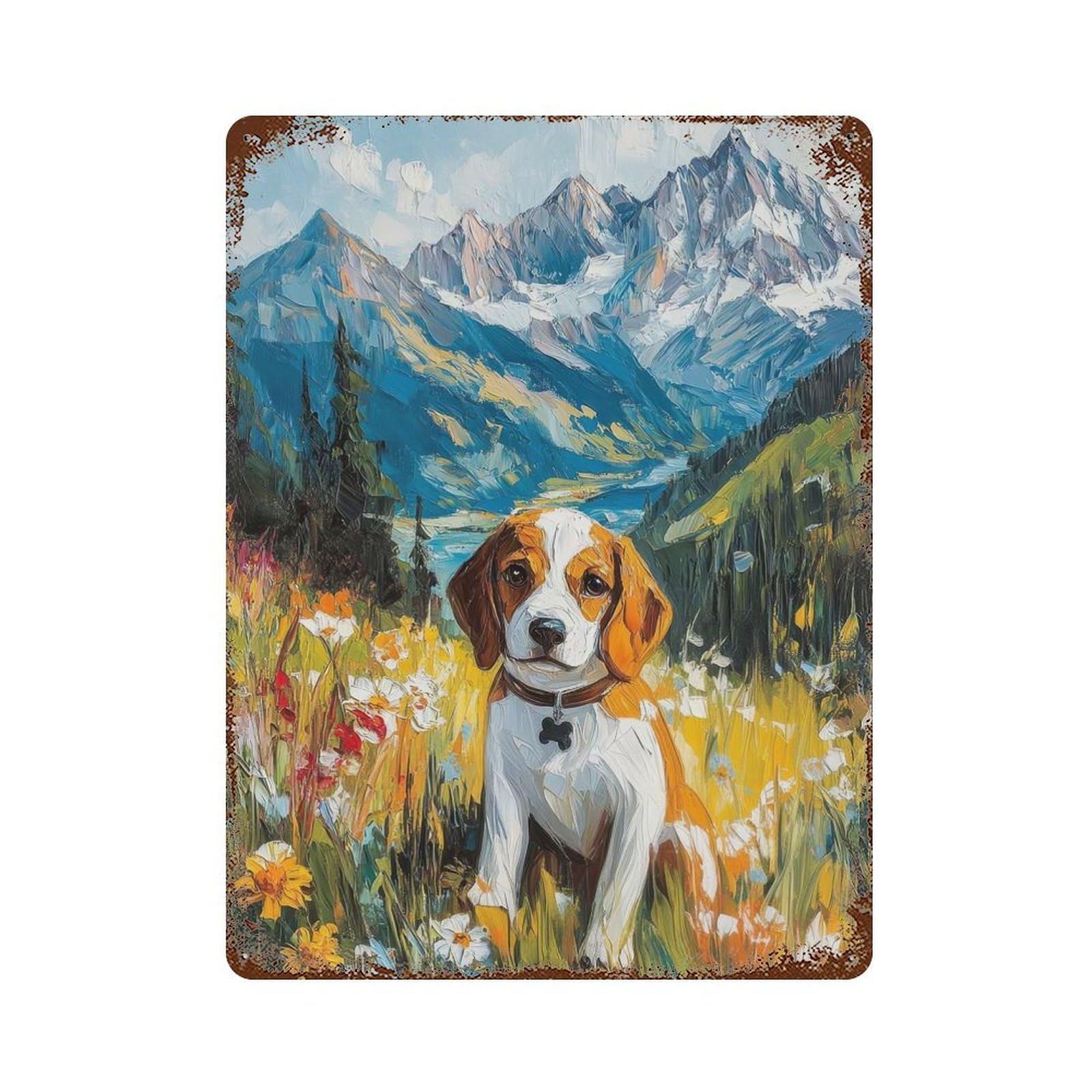 Beagle Dog in Mountain Meadow Painting Scenic Mountain Dog Art 15.7"x11.8" Vintage Rust Metal Sign, Novelty Wall Decor for Living Room, Hallway And Home Decor