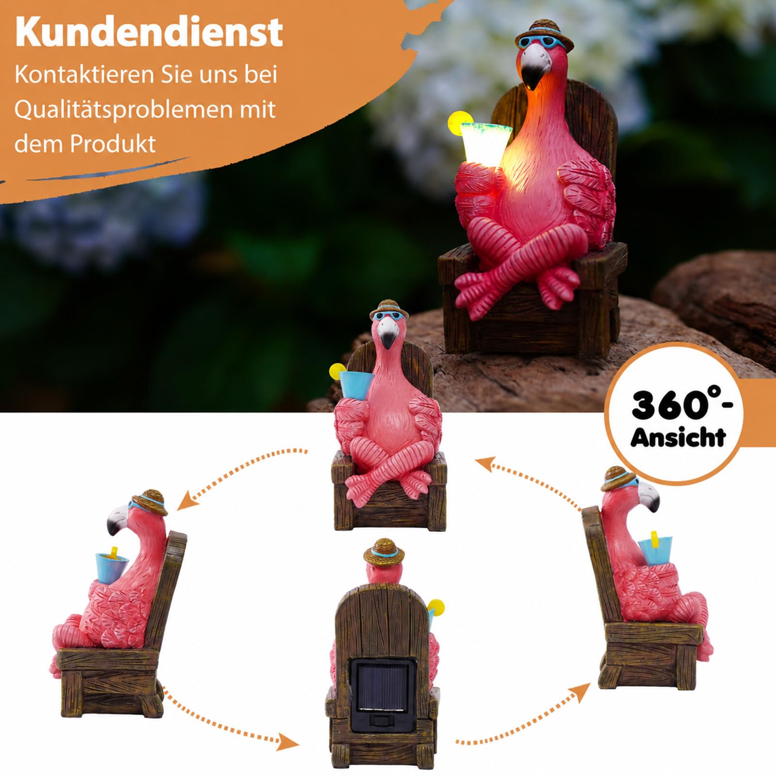 Yeomoo Rosa Flamingo Gartenfiguren Solar Gartendeko für Draußen: Lustige Flamingo Trinken auf dem Schaukelstuhl Deko für Wohnzimmer Garten Geschenke für Frauen Mama Geburtstagsgeschenk Balkon 13CM