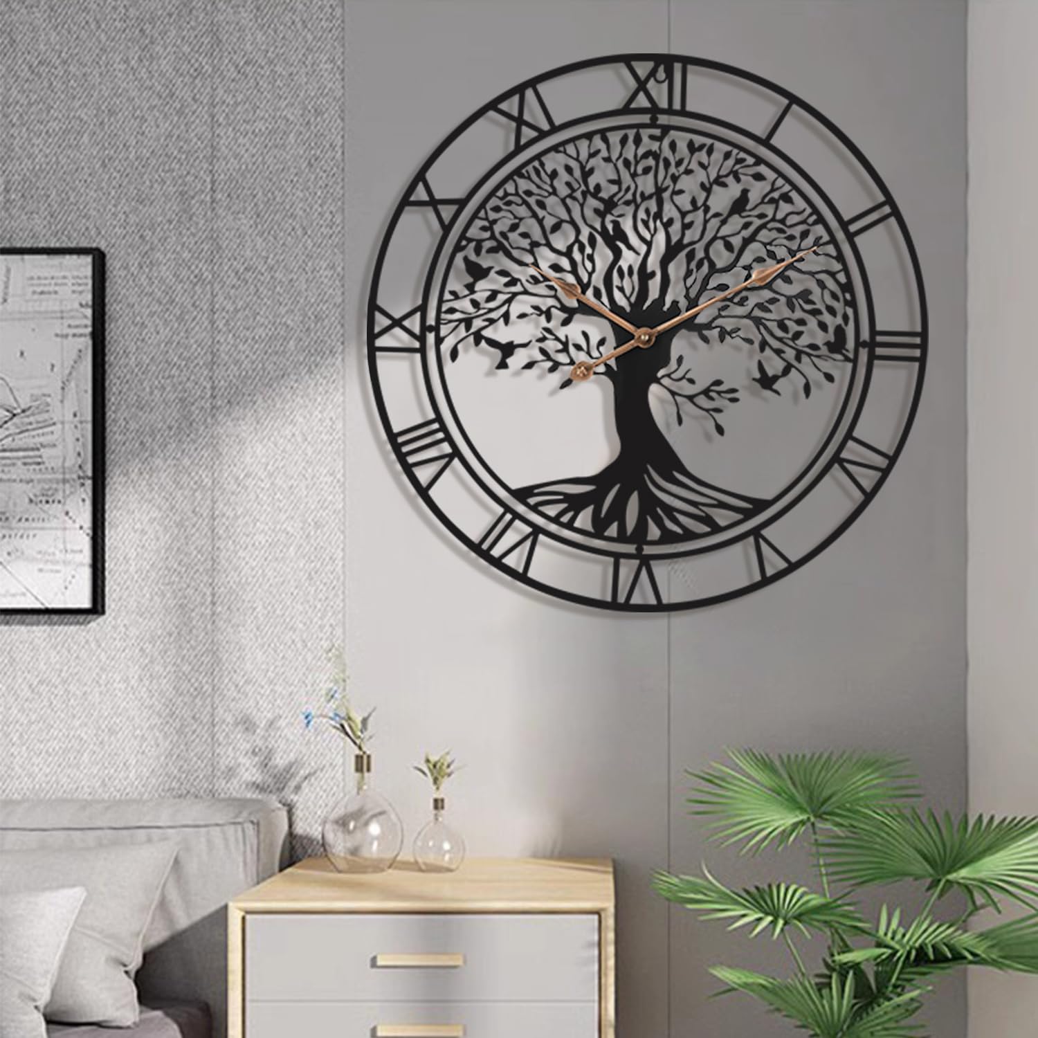 Grande albero della vita orologio da parete in metallo nero grande orologio da parete decorazione per la casa soggiorno orologi da parete con numeri Silent Mid-Century orologio moderno
