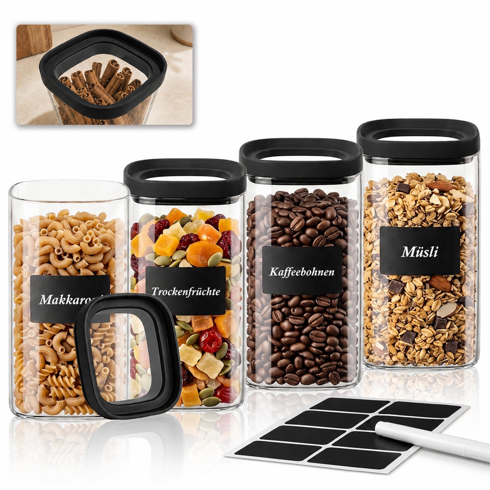 twoant Vorratsgläser Eckig Stapelbar mit Glasdeckel 4×1400ml Luftdicht Vorratsglas mit Deckel Vorratsdosen Glas mit Deckel für Lebensmittel, Nudeln, Mehl, Müsli, Kaffee