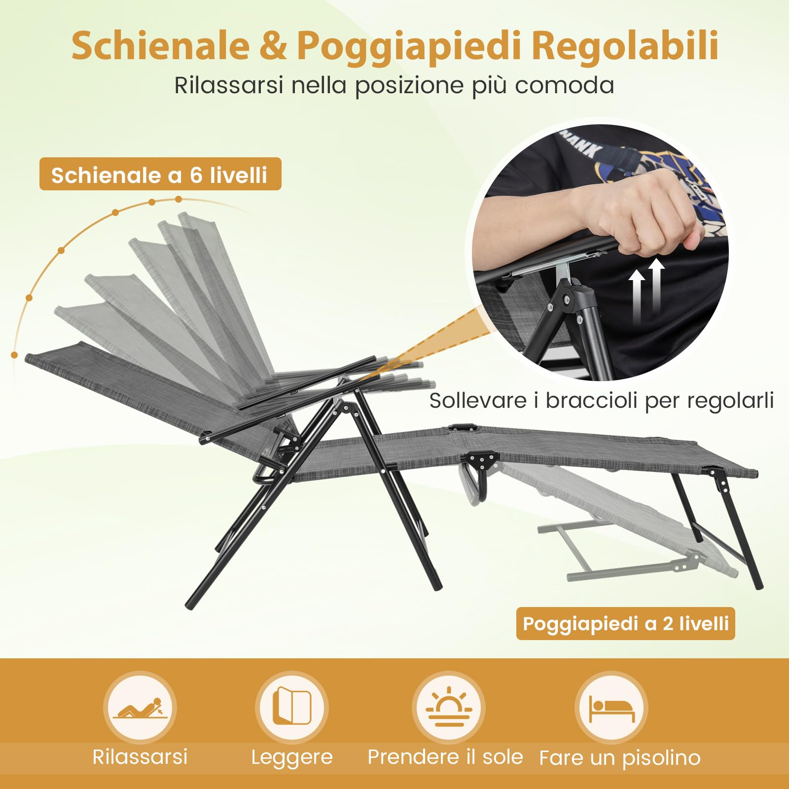 COSTWAY Set di 2 Lettini Prendisole da Giardino, Sdraio Pieghevoli con Schienale e Poggiapiedi Regolabili, in Tessuto Textilene con Braccioli, per Terrazza e Piscina, Portata 150 kg (Grigio)