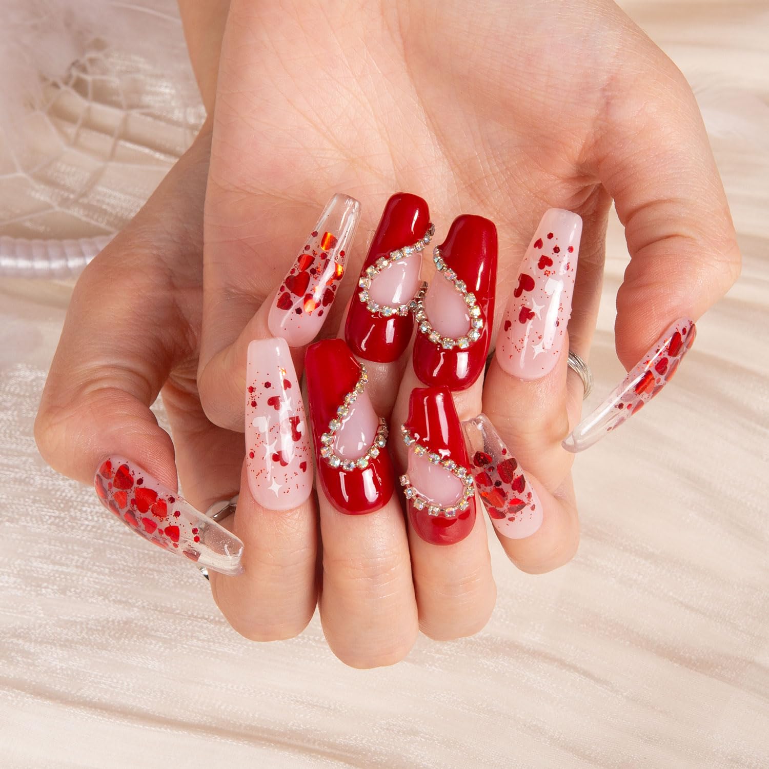 LOVFUL Press on Nails Valentine's Day Exclusive | Handmade with Full Covered Crystals | Reusable Full Cover Nails | Coffin Classic Regular 1.3 in | H154-M
