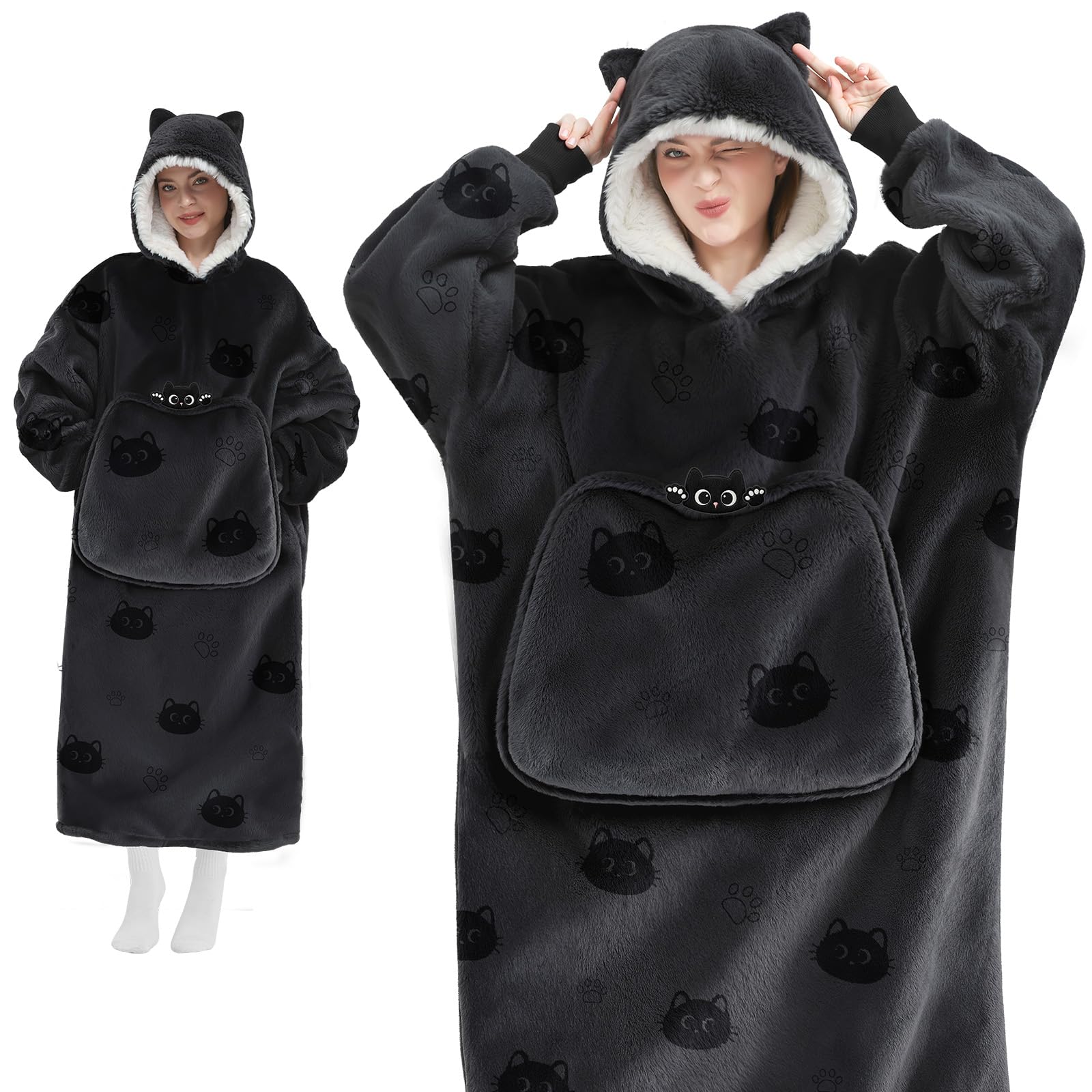 Mewaii Wearable Blanket Hoodie for Adults Soft Flannel & Warm Sherpa, Black Cat Hooded Blanket with Giant Pocket