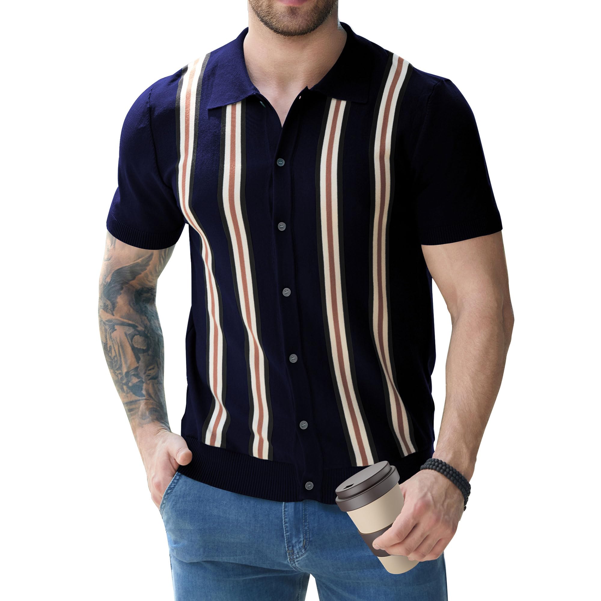 Knit Button Down Shirt Men- Men's Vintage Knit Polo Shirt- 70s Short Sleeve Retro Polo Shirts Vertical Stripes for Casual
