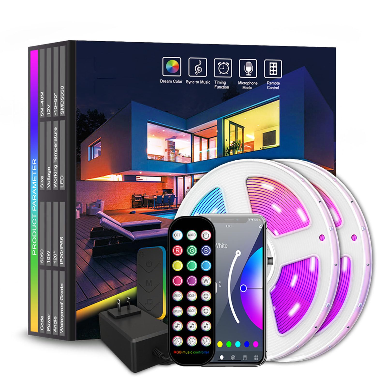 Juego de Tiras de Luces Inteligentes 5050RGB, Tira de Luces LED IP20, aplicación WiFi, Bluetooth, música, 24 Teclas, 12V, 18LM,30M