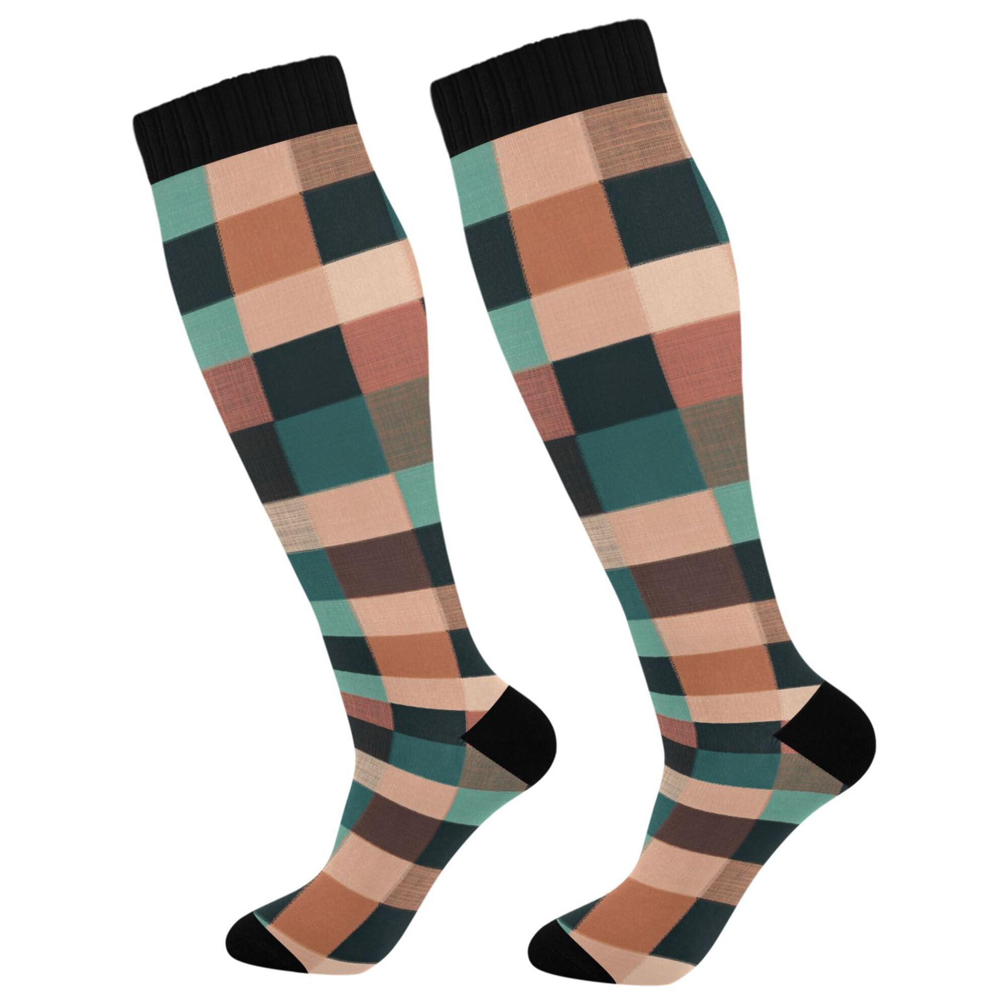 Compression Socks Buffalo Plaid Check Teal Roses Gold Graduated Stockings Flight Knee High Sock Unisex Socks For Varicose Veins Support Tired Post-Surgery 50Cm