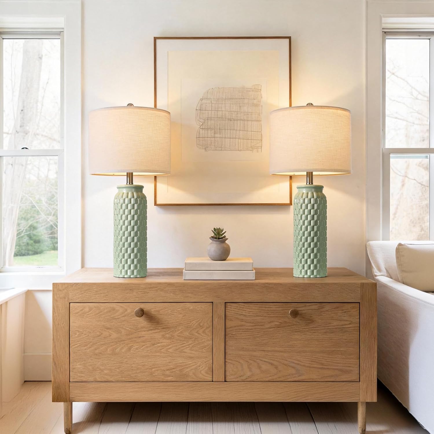 27" Ceramic Table Lamps Set of 2 - Modern Farmhouse & Boho Style, Bedside Nightstand Lamps for Bedroom, Living Room End Table Lamps, Small Desk Lamp(Green)