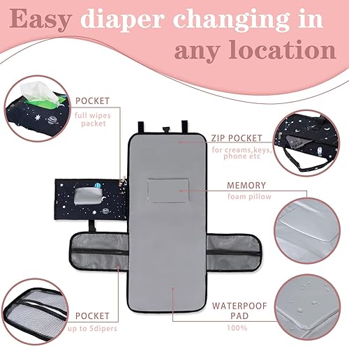 Miniatura 9 de Polovillae Cambiador portátil rosa, impermeable, plegable, cambiador de bebé, patrón de elefante gris, cambiador de pañales, bolsa de viaje,