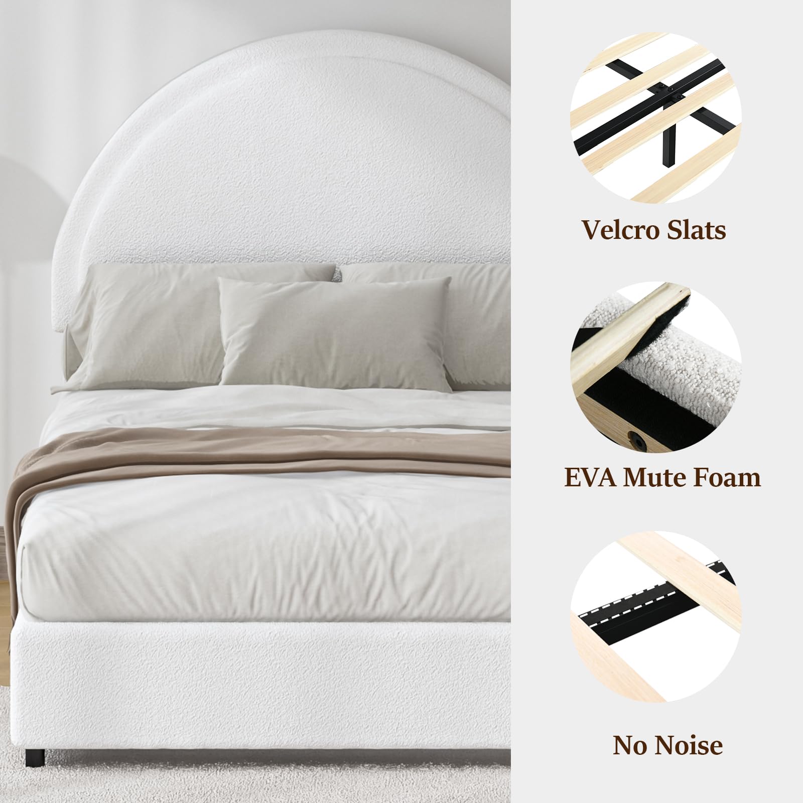 King Size Bed Frame, Boucle Upholstered Platform Bed Frame with