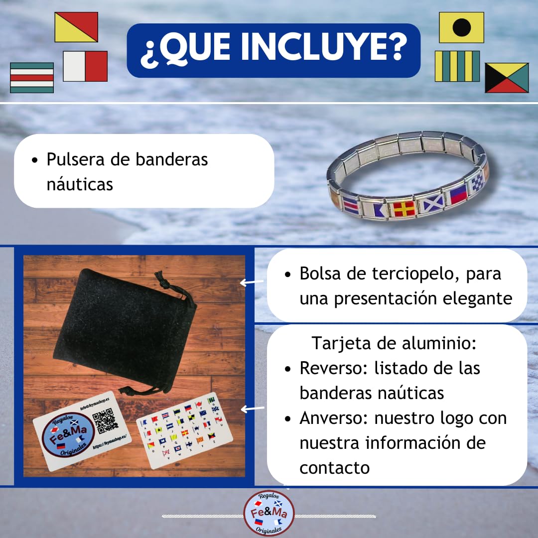 Feyma Pulsera nautica de Acero inoxidable - Banderas de España, con nombre de la Virgen del Carmen, Patrona de los Marineros, en banderas nauticas