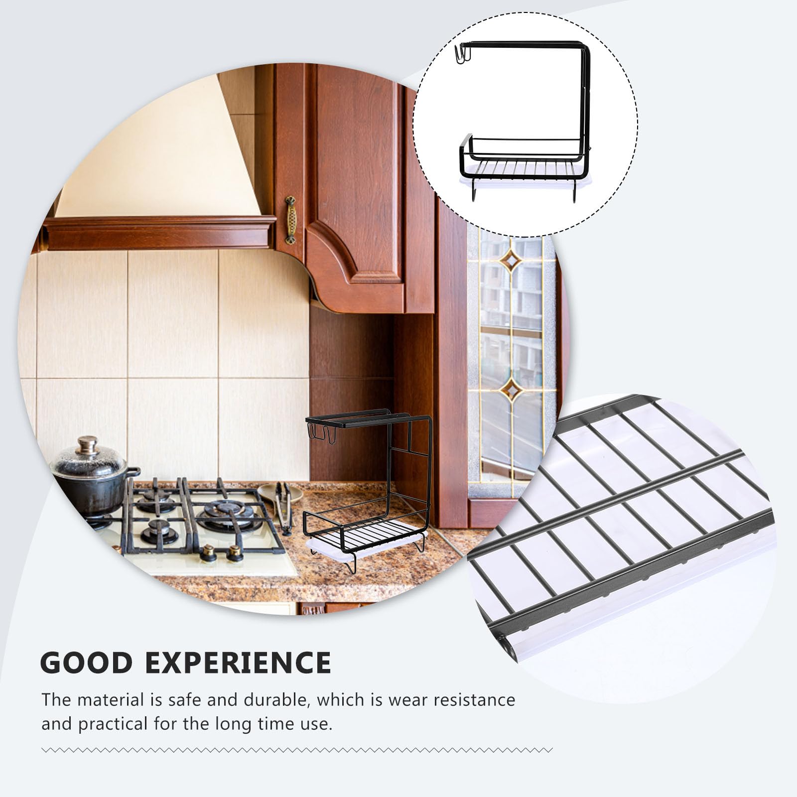 Organisateur et Fond Ouvert Noir Cuisine en Acier Carbone et PP avec Porte-éponge à Drainage Rapide Accessoire Pratique pour Évier pour Maison et Salle de Bain