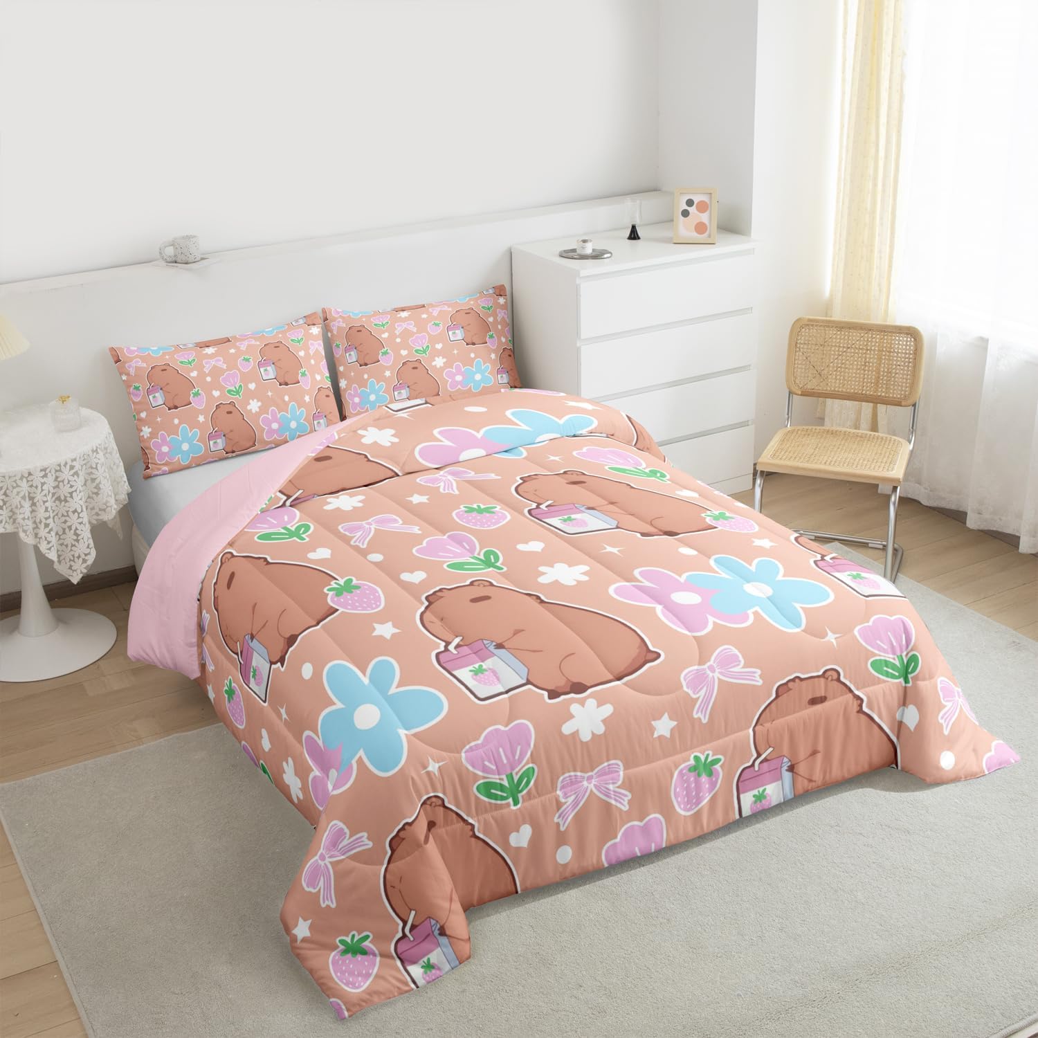 Erosebridal Kawaii Capybara Twin Bedding Set for Girls, Pink Bow Comforter Set, Pink and Blue Florals Duvet Insert, Strawberry Comforter with 1 Pillowcase for Kids Women Teens Capybara Room Decor