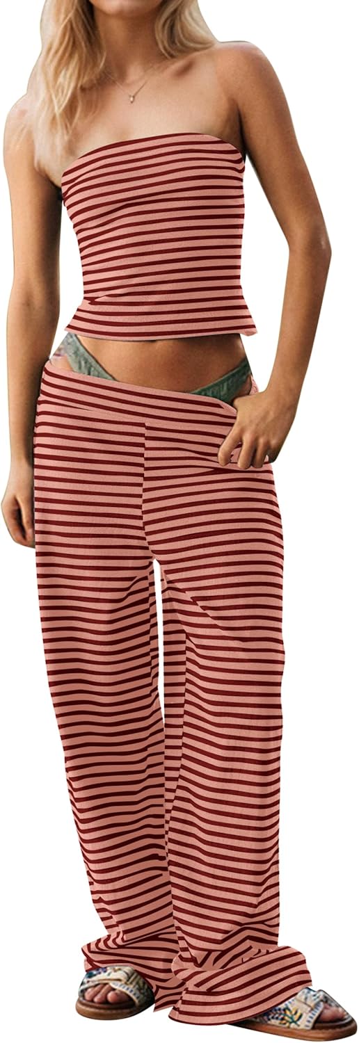MISSACTIVER Women Two Piece Sets Striped Matching Outfits Strapless Crop Tube Top and Elastic Waist Wide Leg Pants Set