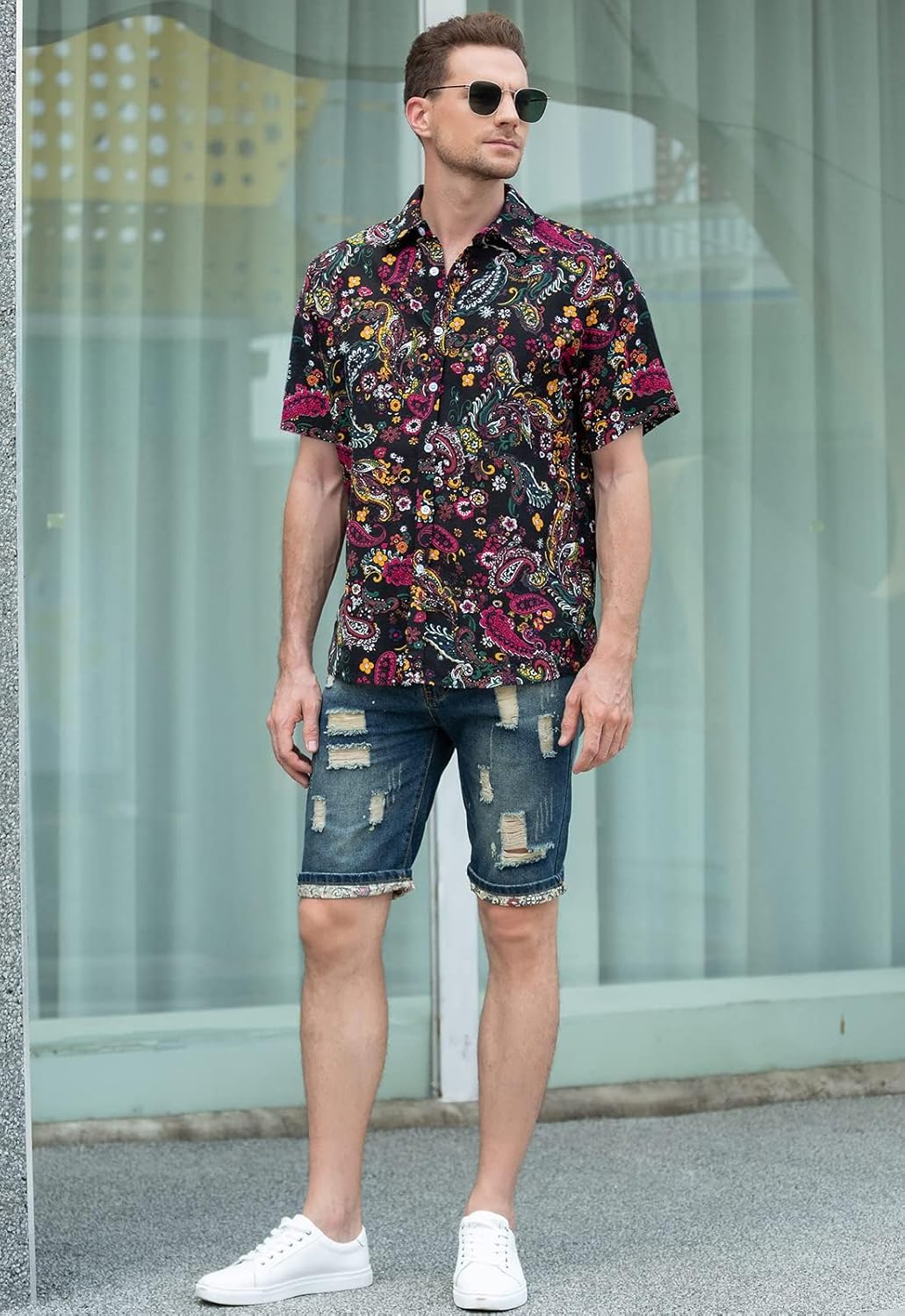 QZH.DUAO Mens 70s Disco Party Shirts Casual Paisley Button Down Shirt Vintage Floral Hawaiian Beach Short Sleeve Shirt - Image 2