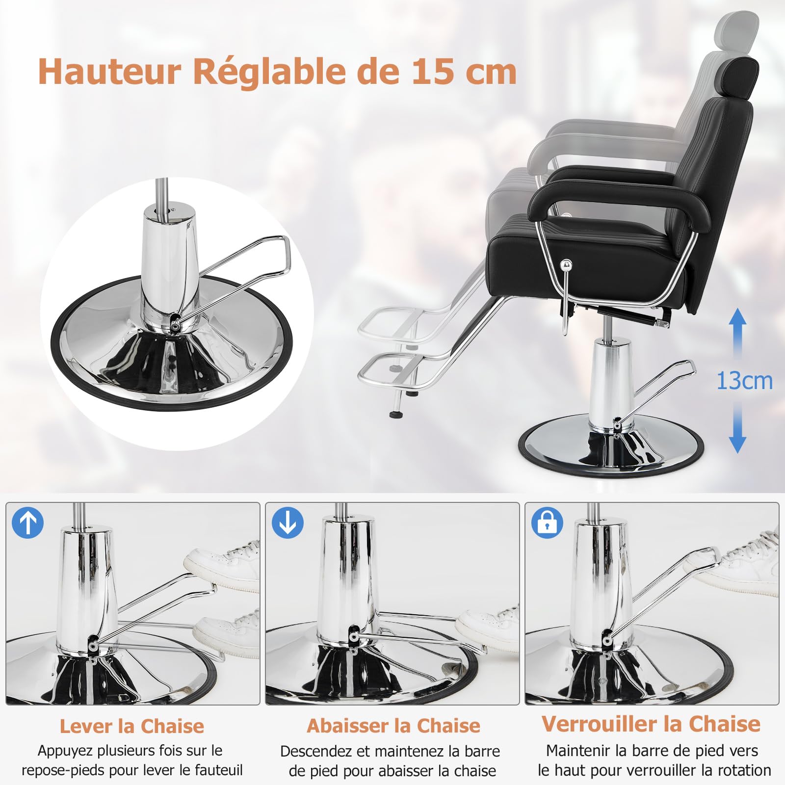 RELAX4LIFE Sillón Giratorio 360°, Silla de Peluquería Reclinable con Reposacabezas Ajustable, Reposapies, Altura de Asiento 59-72cm, Equipo de Peluquería para Salón de Belleza, Carga 150 kg (Negro)
