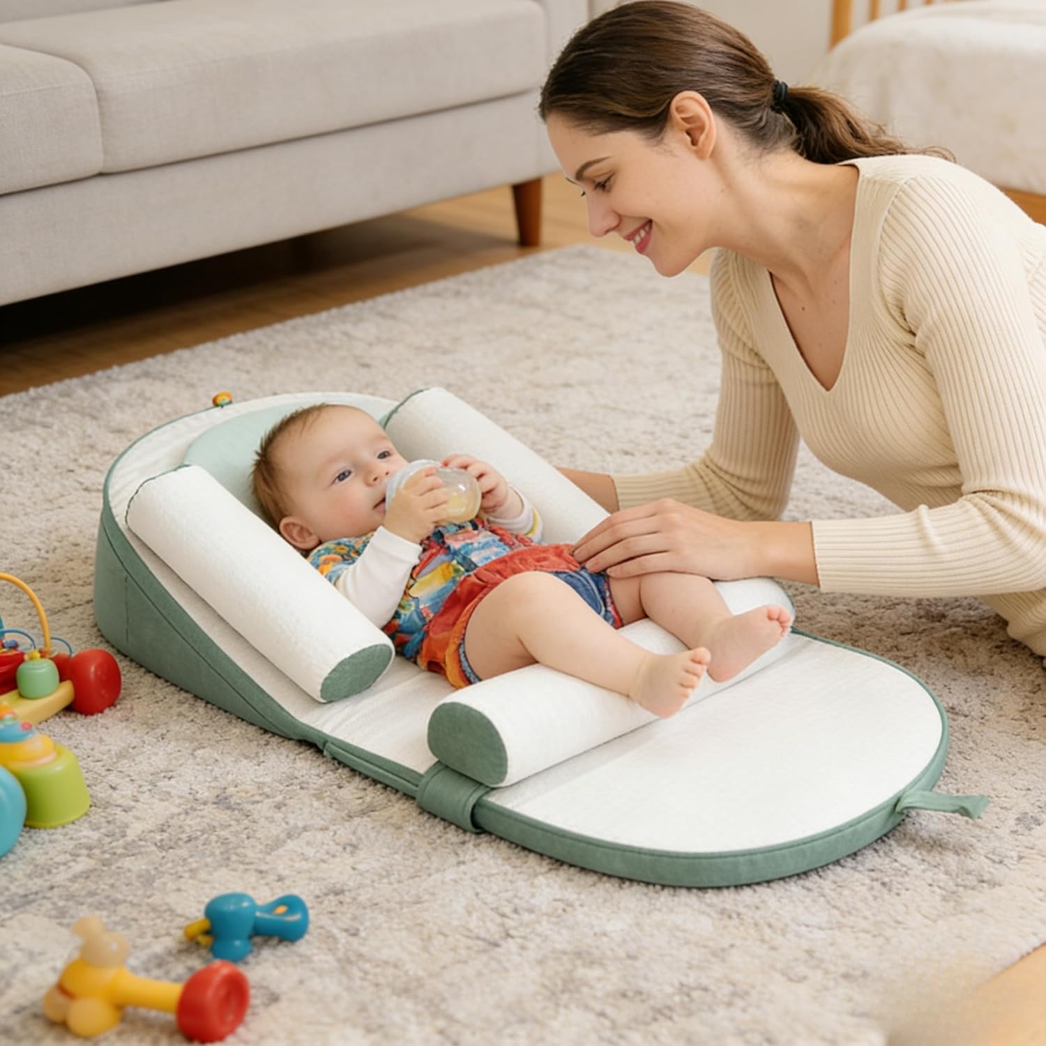 Zorzel Newborn Baby Anti Spitting Slope Pillow,Baby Anti Overflow and Choking Milk, Adjustable Slope Cushion for The Bed Pillow,Detachable (Adjustable/Green)-picture-10
