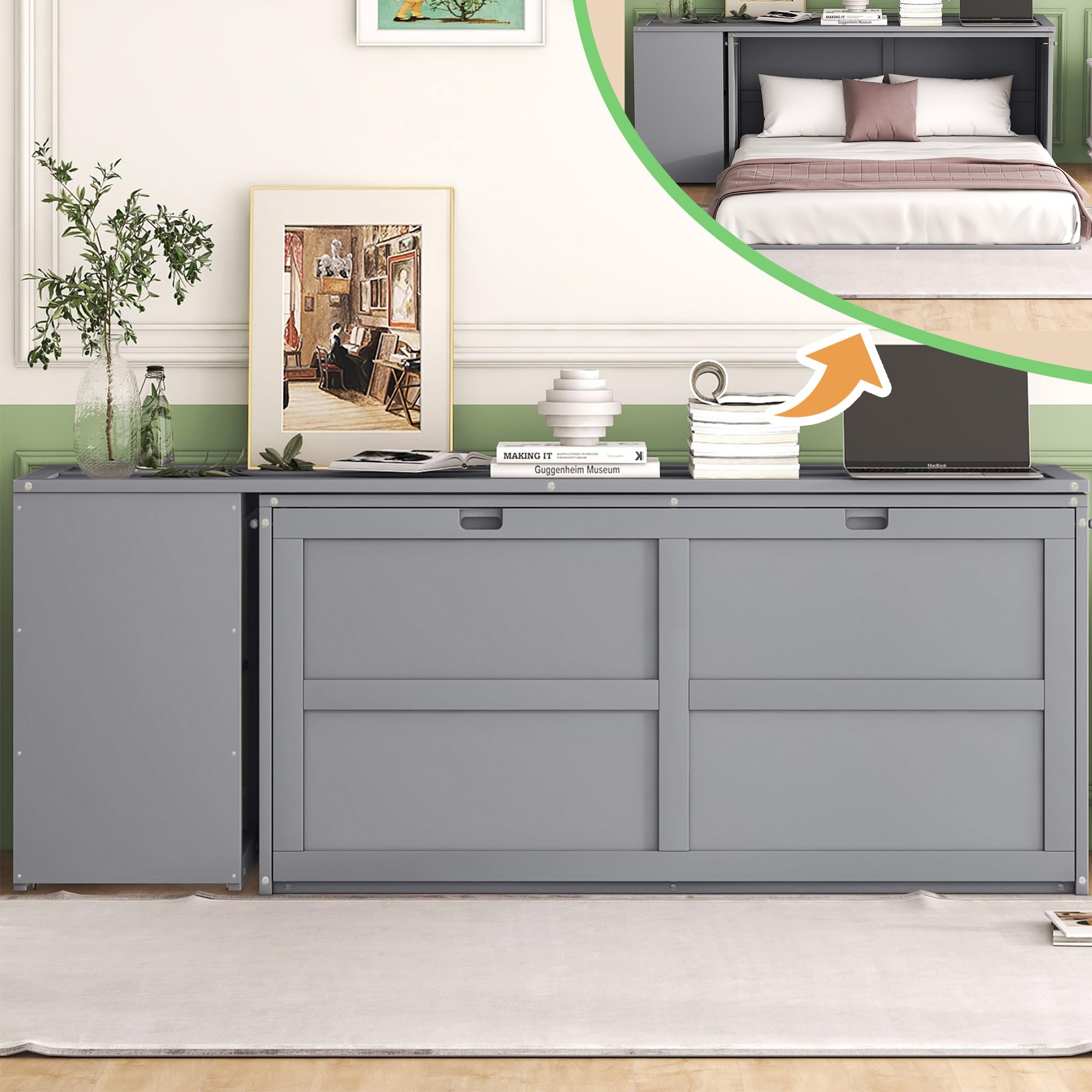 Linique Queen Size Convertible Floor Murphy Bed with Rotable Desk and Storage Shelves, Wall Storage Bed can be Folded into a Cabinet, Grey