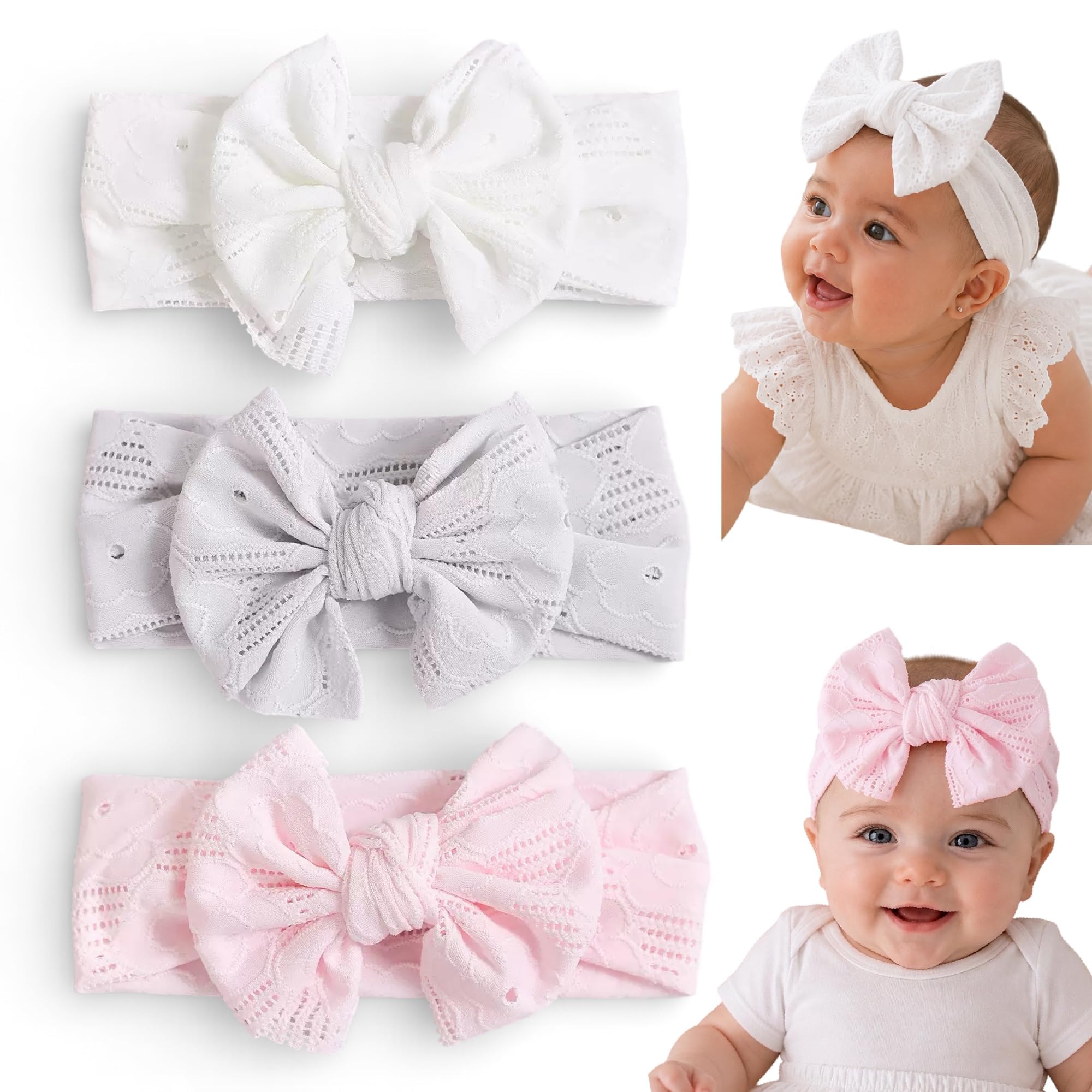 OULYMORE Fasce Capelli Neonata con Fiocco, 3 Pezzi, Fascia per Bambina in Tessuto Morbido ed Elasticizzato, Fascia Turbante per Neonati e Bambine 0-3 Anni (3 Pezzi (Bianco+Grigio+Rosa))